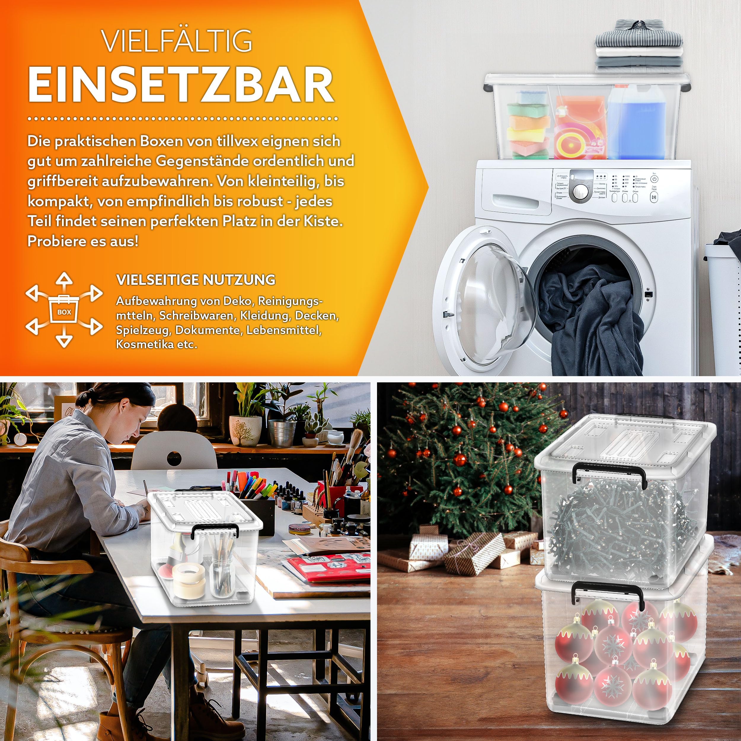 tillvex® Aufbewahrungsboxen mit Deckel 6er Set - 42 Liter, lebensmittelecht | Kunststoff Boxen Set stapelbar | Aufbewahrung Ordnungssystem Box groß | Aufbewahrungsbox Kleiderboxen 100% Neumaterial