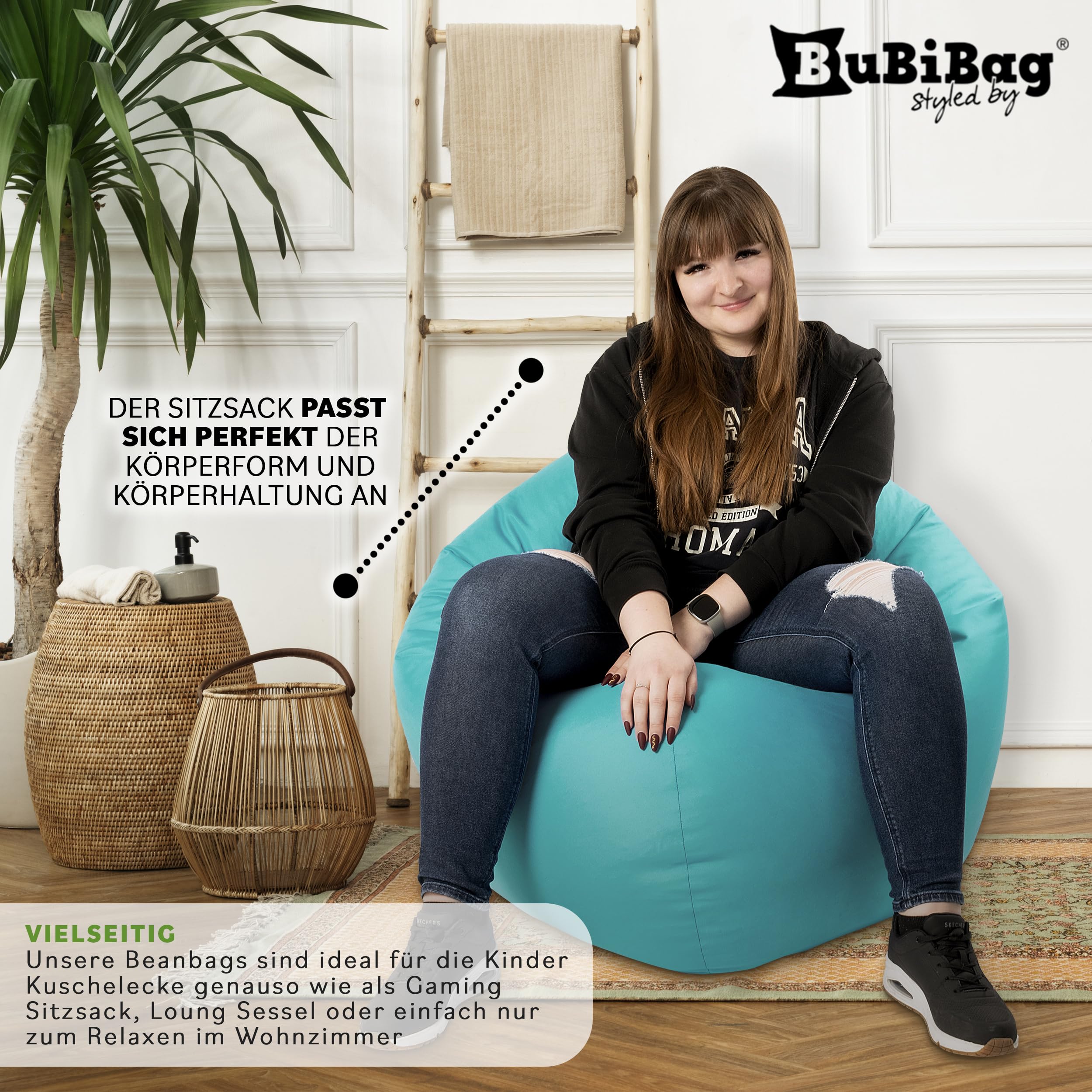 Premium 2-in-1 Sitzsack mit Füllung | Fußhocker | für Kinder & Erwachsene | Outdoor & Indoor | Sitzkissen | Bodenkissen | Wasser- & schmutzabweisend + Sitzpouf 35x35x35cm (Türkis, 145 CM + Sitzspouf)