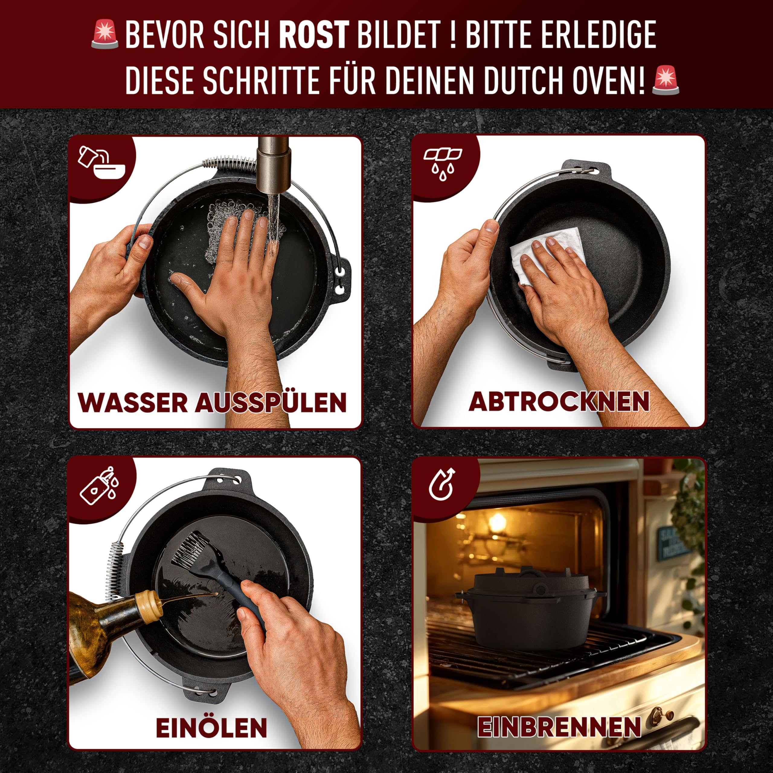 GUSSKÖNIG Dutch Oven Set - Eingebrannter Dutch Oven 9 Liter [6-10 Person]-Feuertopf Gusseisen mit Füßen-Schmortopf Doppelfunktion-2in1 Deckelheber, Bürste & DutchOven Rezeptbuch-30 Jahre Garantie