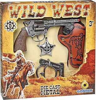 Wild West Play Set 4-Piece – 8 Shot Revolver, Holster, Sheriff Star & Handcuffs – Cowboy Set – Metal & Faux Leather – Role Toy for Children – Role Play