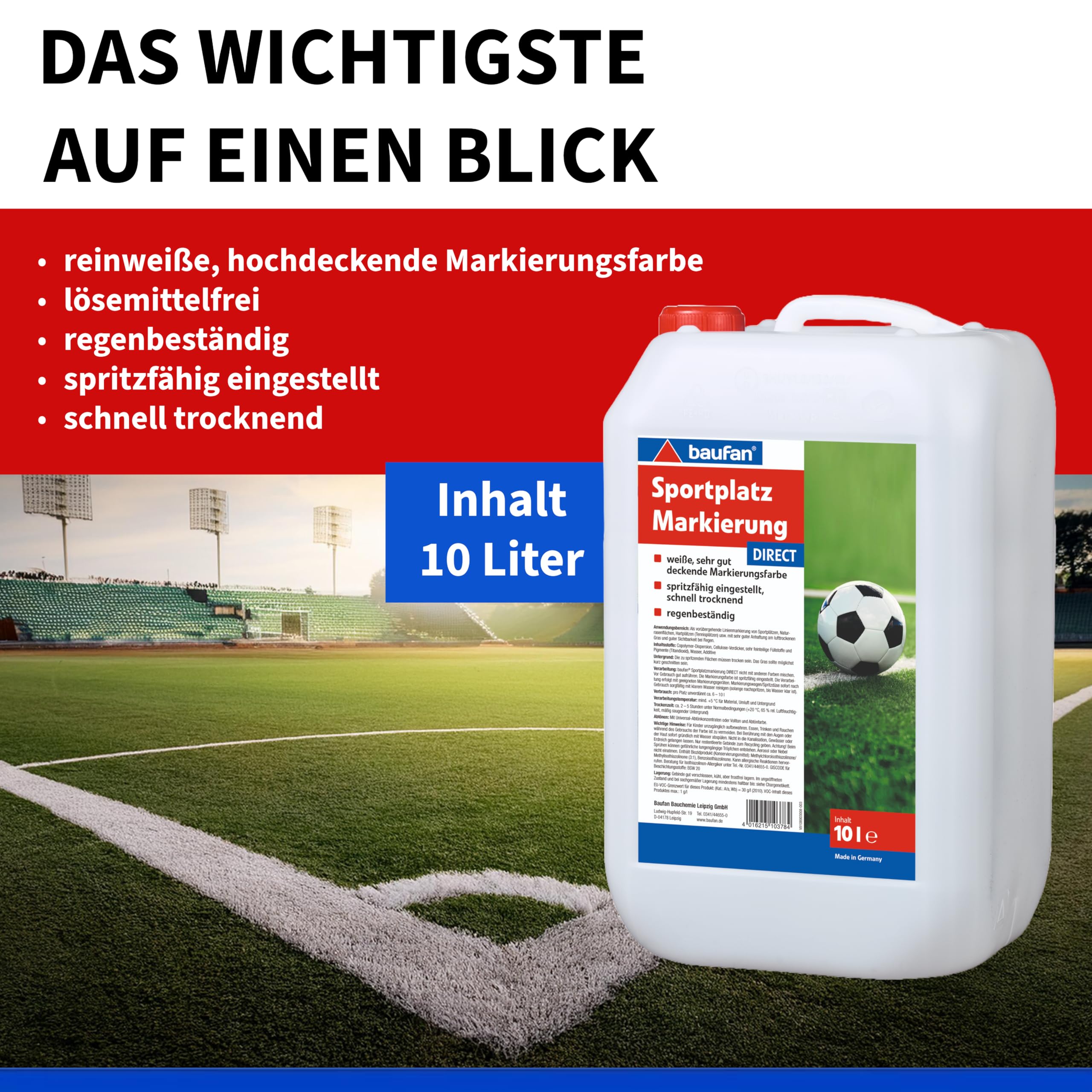 Baufan Sportplatz-Markierung GEBRAUCHSFERTIG 10 Liter | Lösemittelfrei | schnell trocknend | regenbeständig