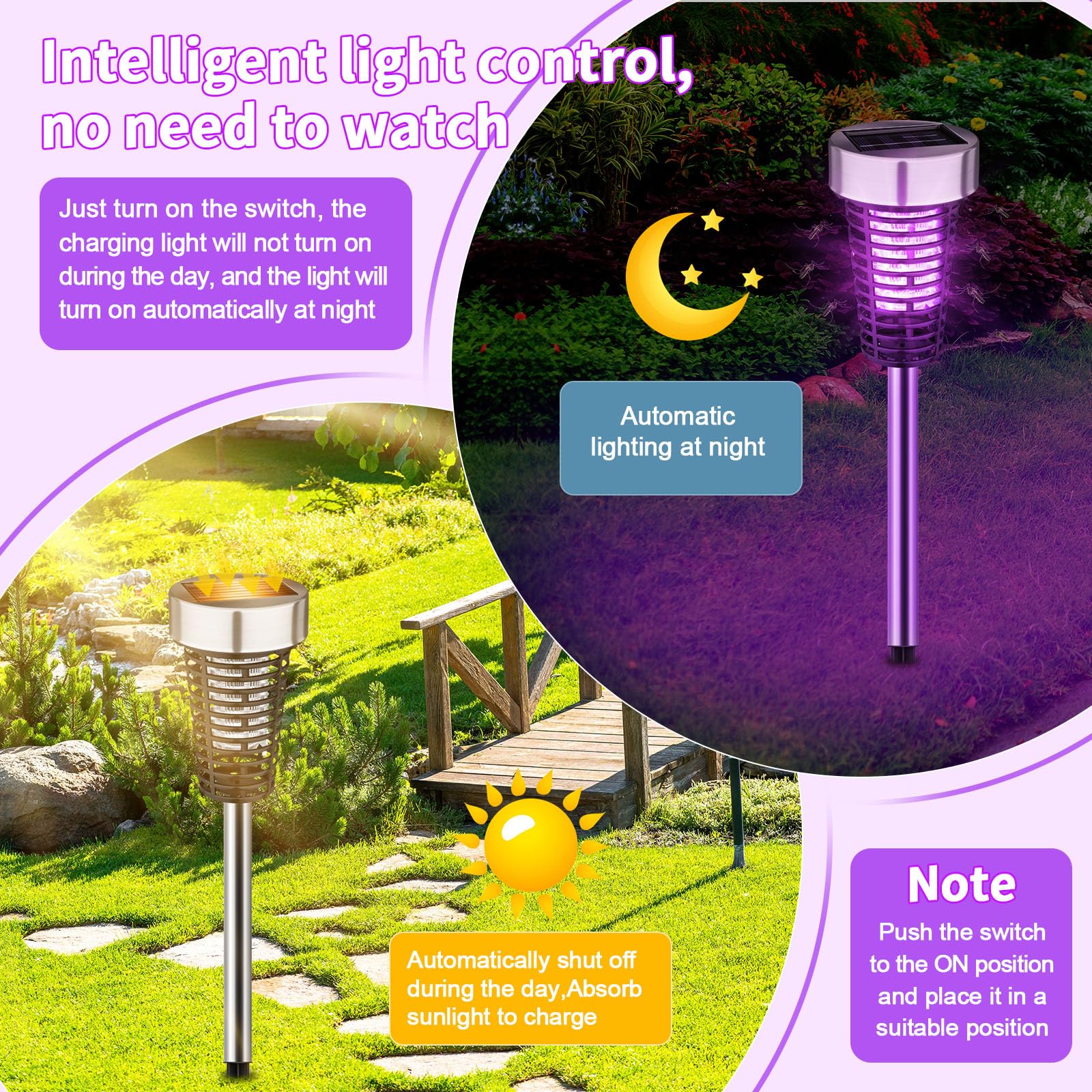 4 Stück Solar Insektenvernichter Outdoor Mückenvernichter Lampe Wasserdicht Gitter Mückenschutz Killer Zapper mit Hochspannung Elektrisch für Garten Terrasse Hof (Lila Licht, Silber)