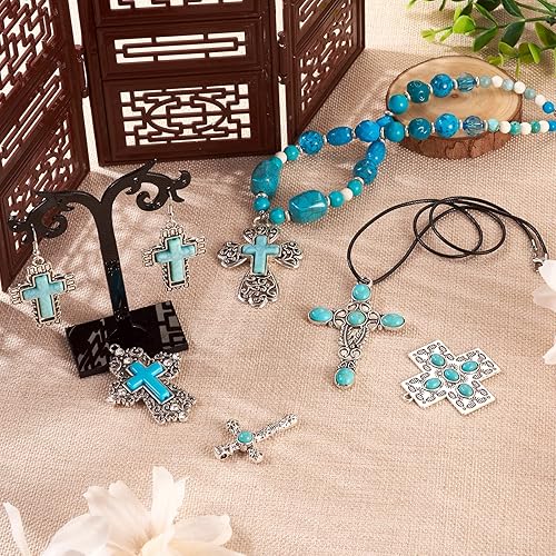 Miniatura 3 de Pandahall - 14 dijes de cruz de piedra turquesa, estilo tibetano, turquesa, gran colgante, aleación, religión, cruz, joyería de turquesa occidental