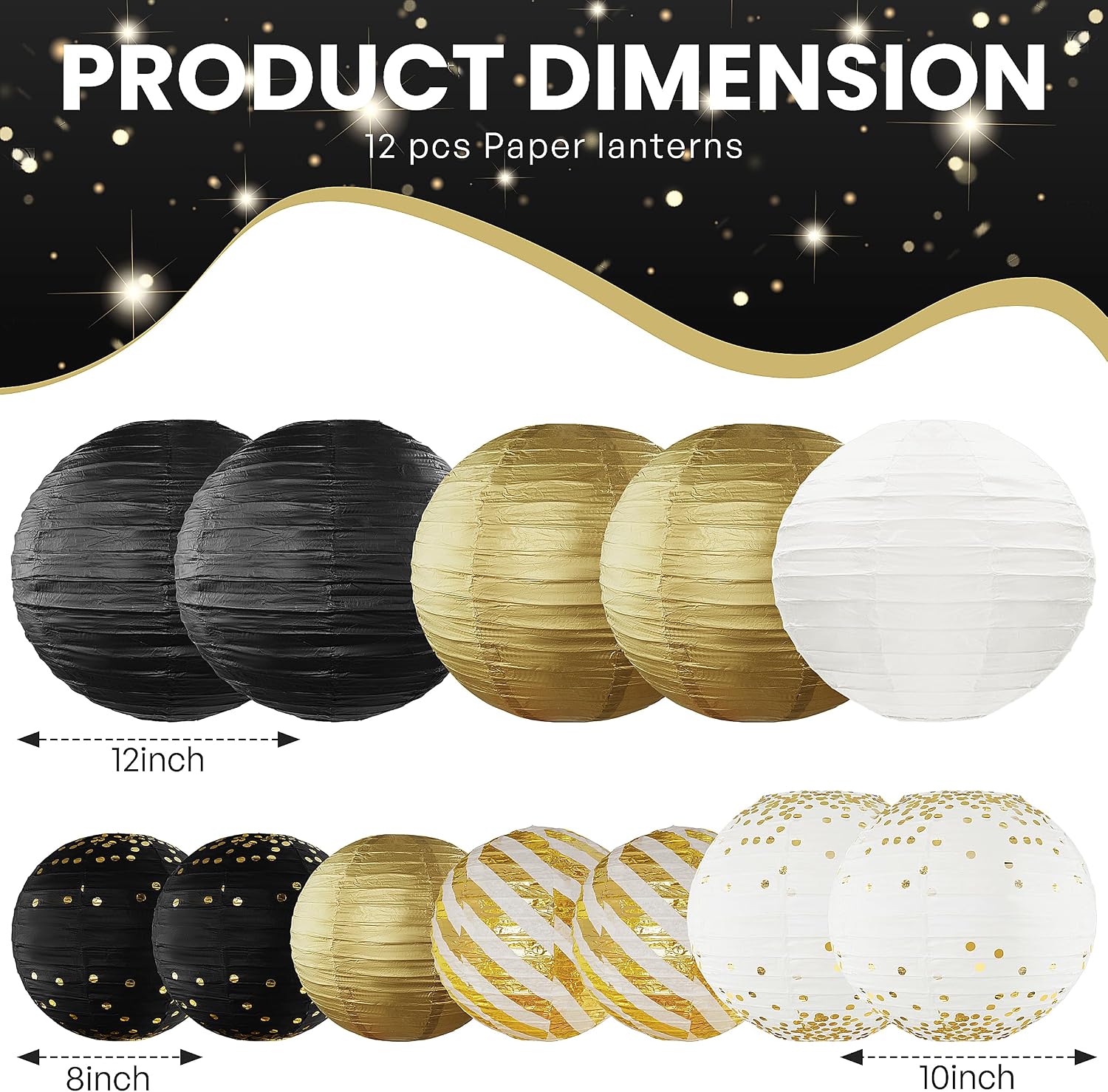 12PCS Black Gold Hanging Paper Lanterns Graduation Party Decor | Black and Gold Lanterns for Graduation 2026, Gatsby Theme Party, Birthdays, Retirement Events and Festive Decor