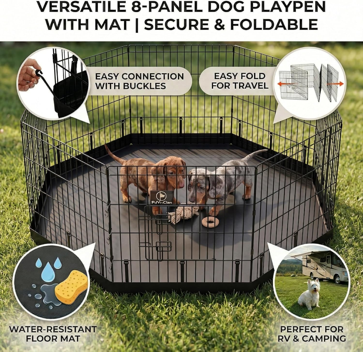 pjyucien dog playpen with bottom pad - metal foldable exercise pen, 8 panels 24" h x 24" w indoor outdoor pet fence puppy crate kennel, black black 8 panels 24''h playpen+bottom