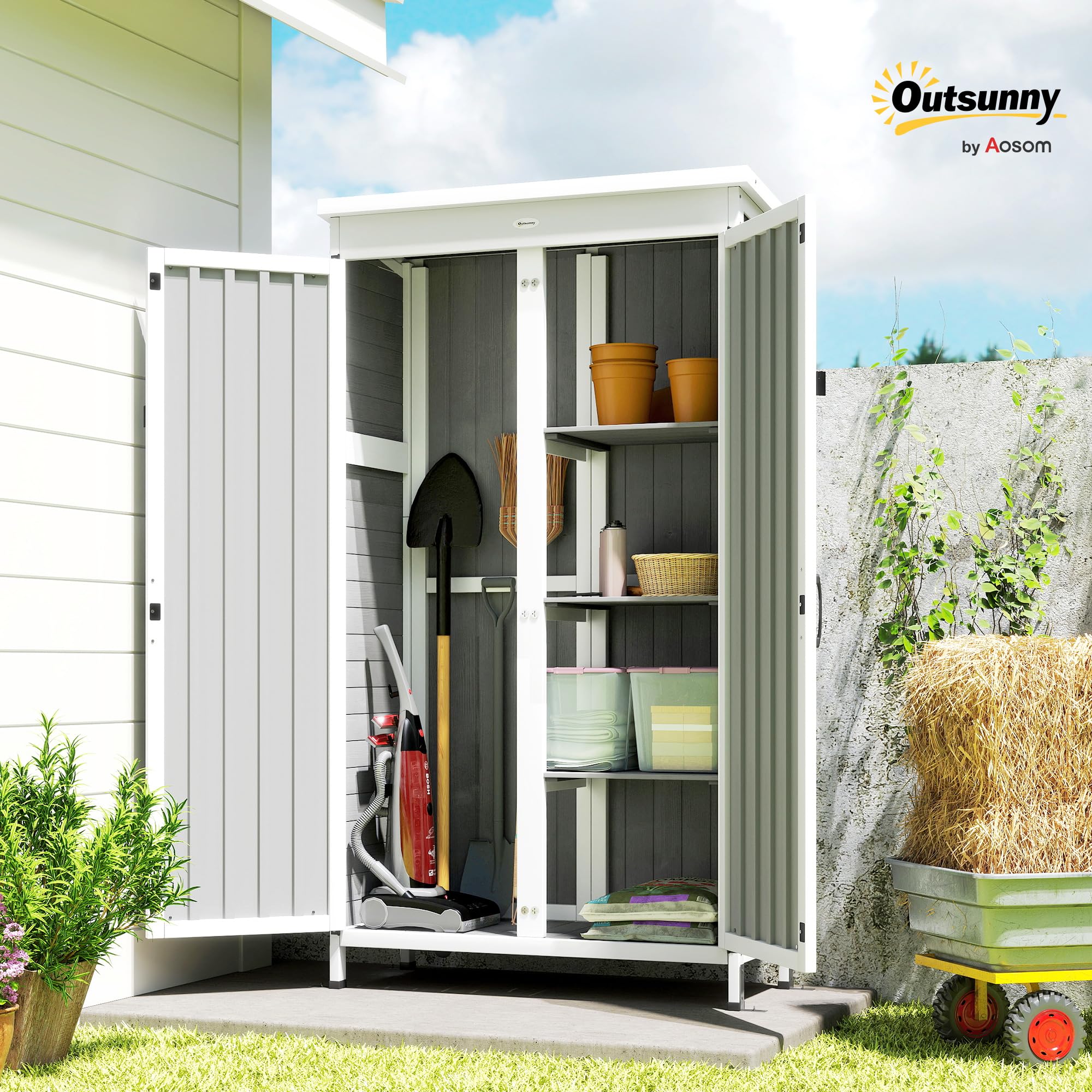 Outsunny Armario de jardín de Madera de Abeto y Acero, caseta para Herramientas de jardín con Puerta con Cerradura, Techo de Asfalto, estantes extraíbles, cobertizo para Herramientas de Exterior, 94