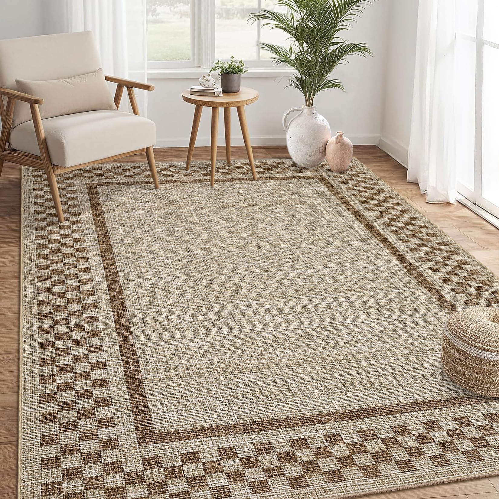 GarveeHome 5x7 Washable Area Rug for Bedroom Living Room Checkered Rug | Non Slip Modern Bordered Throw Rugs Low Pile Soft Dining Room Geometric Throw Carpet for Kitchen Nursery Office, Taupe