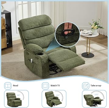 Massage Rocker Recliner with Heating,360 Swivel Glider Recliner Chairs for Adults,Linen Nursery Chair with Side Pocket,Two Cup Holders for Living Room Bedroom