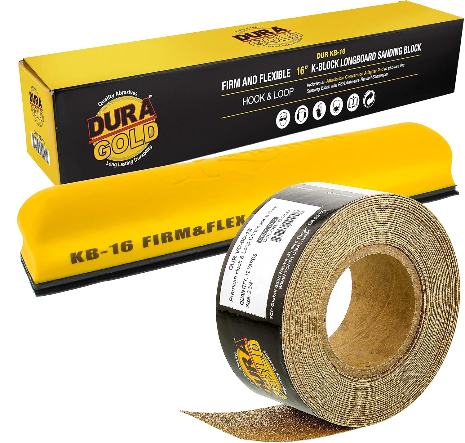 Dura-Gold Pro Series 16" K-Block Sander Firm & Flex Longboard Hand Sanding Block Pad with Hook & Loop Backing and PSA Adapter Pad & 60 Grit PSA Longboard Sandpaper 12 Yard Roll, 2-3/4" Wide
