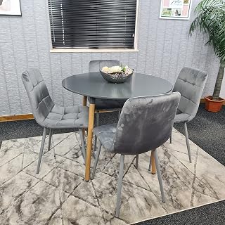 KOSY KOALA Dining Table Set Of 4 Round Grey Dining Table And 4 Grey Velvet Tufted Chairs For Kitchen Room Dining Room