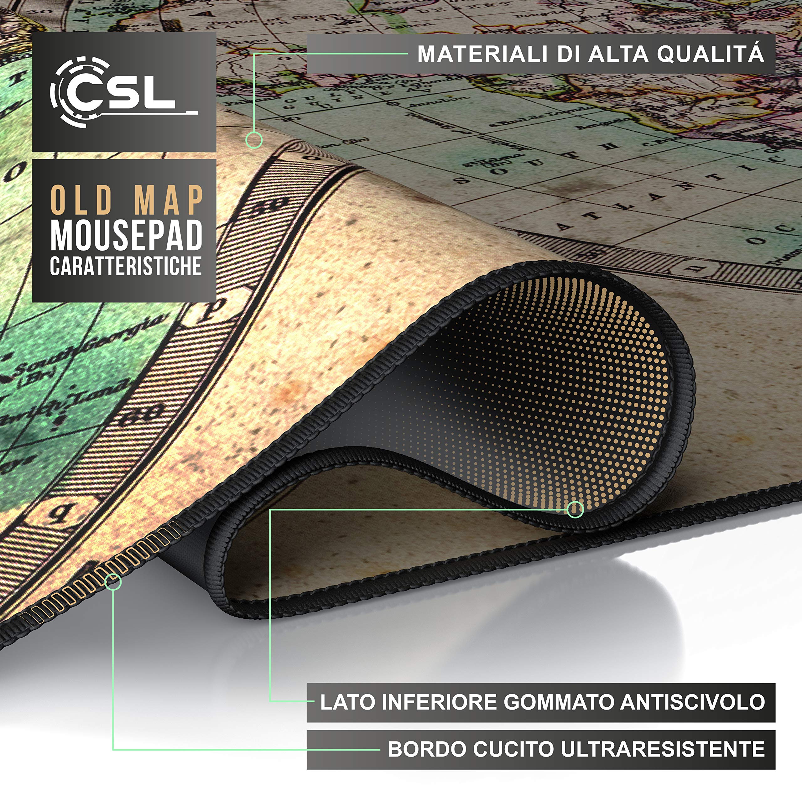 CSL – Tappetino per Mouse Oversize 900x400mm – Mousepad XXL con Stampa - Tappeto Extralarge – per precisione + velocità – per Mouse e Tastiera - Old Map