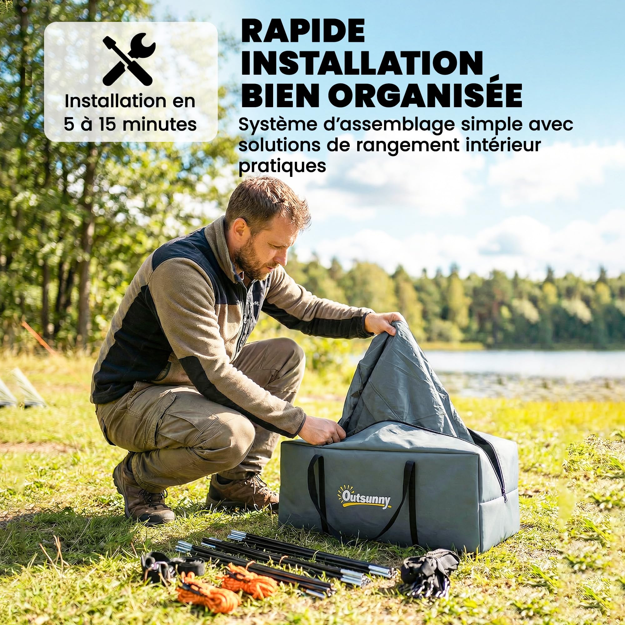 Outsunny Tente de Camping Facile à Monter 2-4 Personnes avec 3 Portes, Imperméable, Compatible avec SUV, avec Double-Toit Amovible, Tapis de Sol et Sac de Transport, Bleu Foncé
