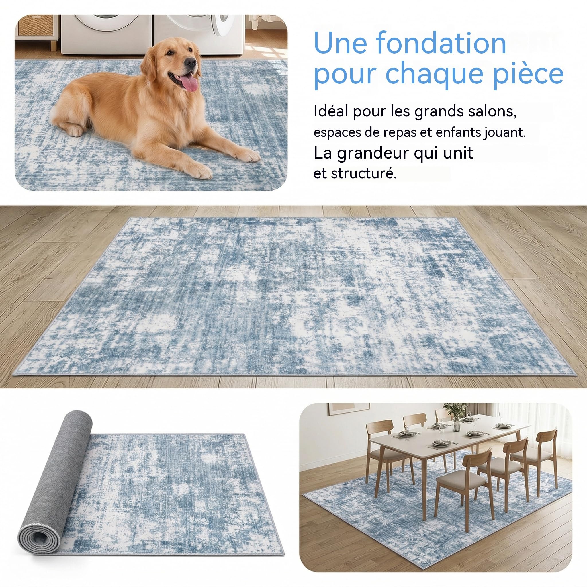 Grand Tapis Salon Moderne Abstrait Lavable en Machine, à Poils Courts en Fausse Laine,Tapis de Salon Antidérapant pour Chambre à Coucher, Bleu Gris, 160x230cm