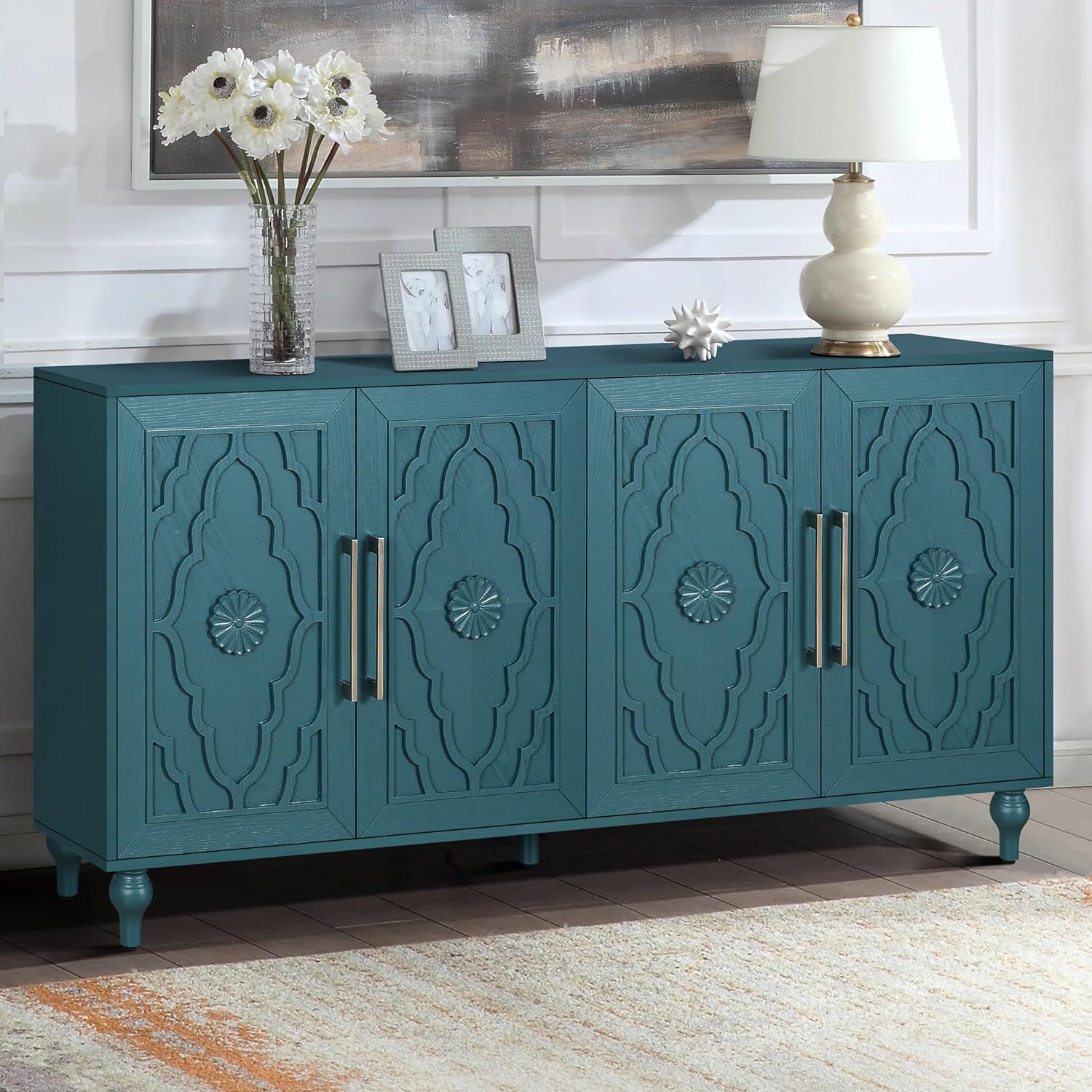 63'' Modern Sideboard TV Stand with Carved Flowers 4 Doors, Wood Buffet Cabinet with Storage, Art Decorative Cabinet for Living Room, Console Table for Dining Room, Kitchen, Hallway (Navy Blue)