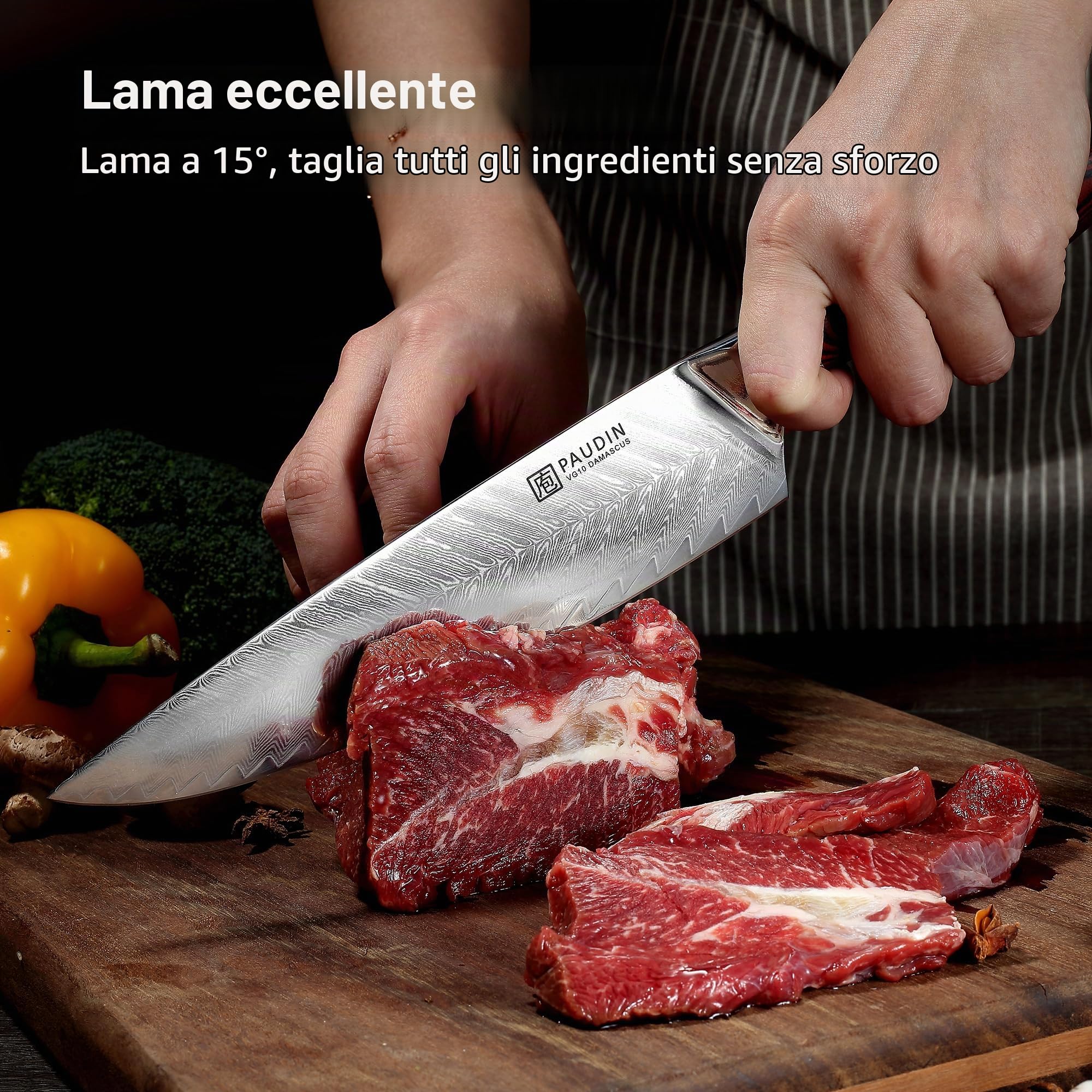 PAUDIN Set di coltelli da cucina damasco 8 pezzi con manico in legno coltello da cuoco coltello santoku coltello da pane coltello multiuso coltello da cucina acciaino con ceppo portacoltelli