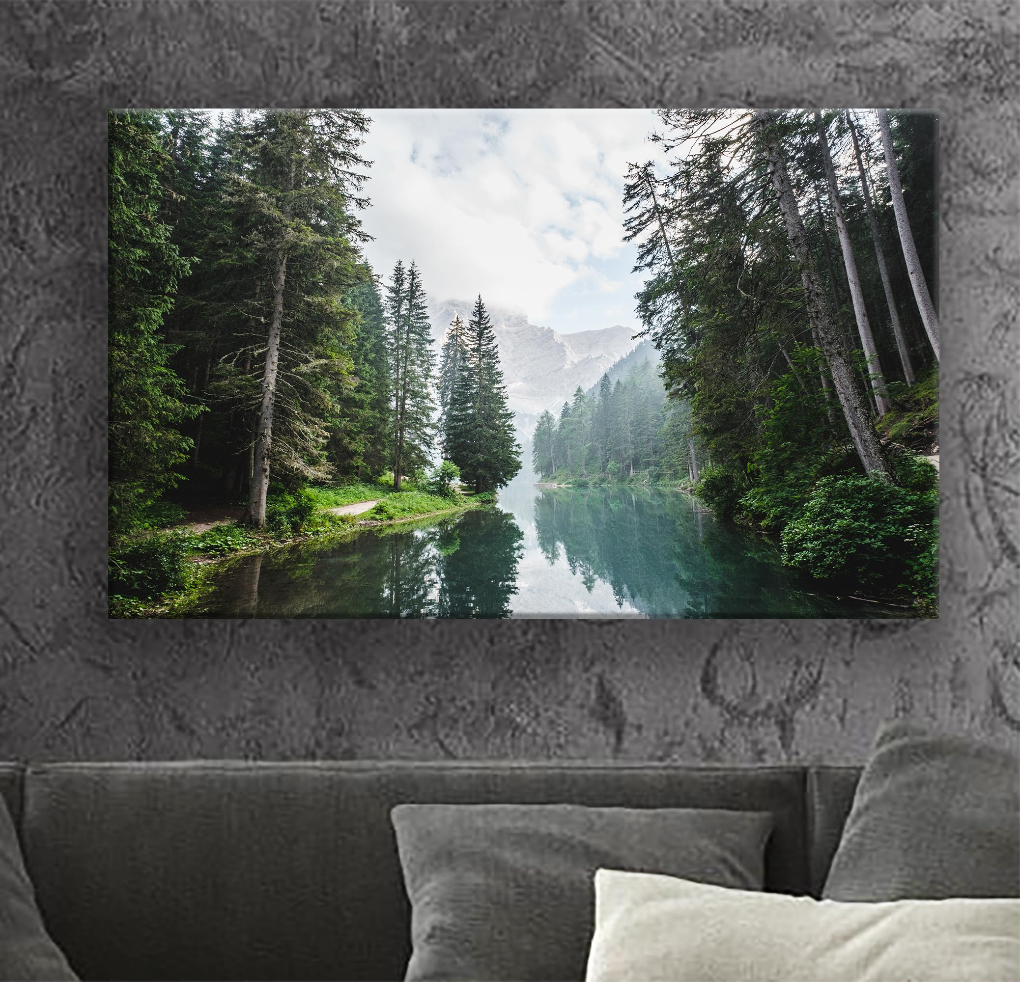 Single Panel 20x30 inches Canvas Prints Wall Art Pictures Framed landscape Lake Pine Forest tree Mountains Decor Living Room Bedroom Home (N2305)