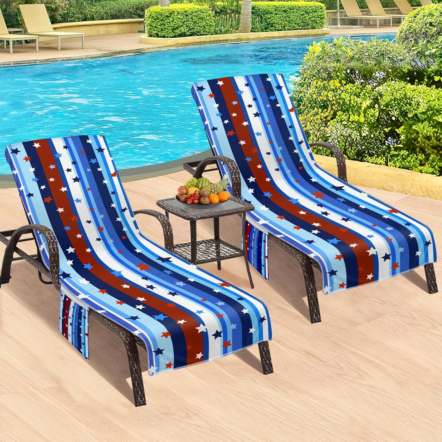 Lounge Chair Towel Cover, Beach Chair Covers (Pack of 2), Striped Lounge Chair Towels with Fitted Top Pocket for Garden Courtyard Outoor Loungers, 85 x 30 in,Striped Dark Blue Maroon
