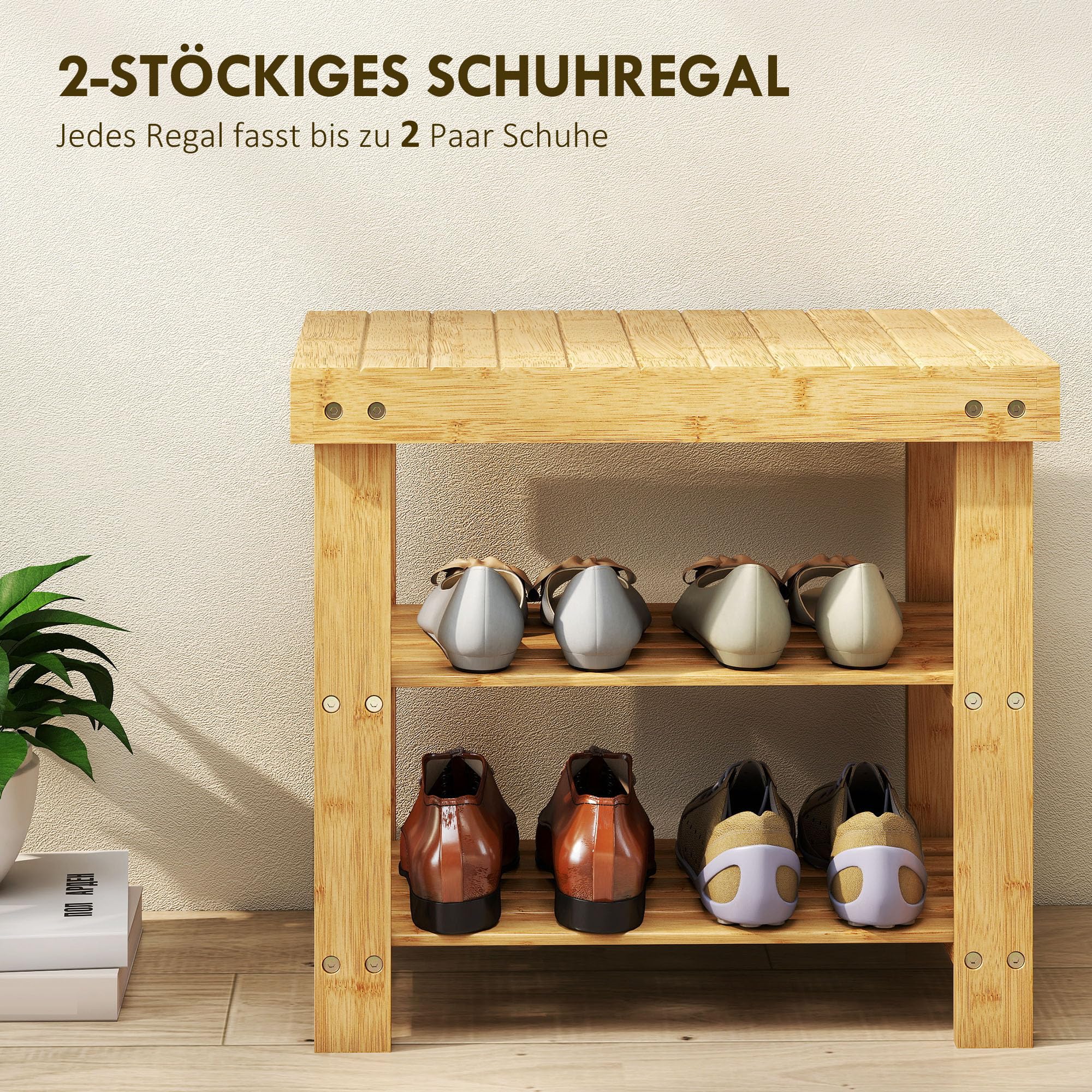 HOMCOM Ławka na buty z siedziskiem i schowkiem 2 półki 70x28x45 Naturalne