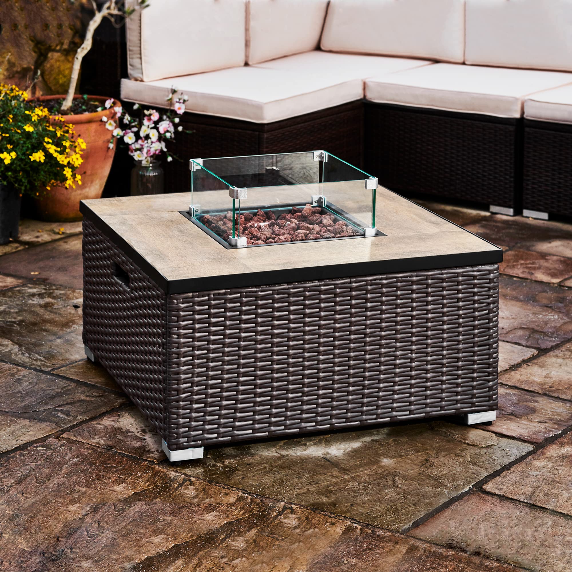 Bar Height Gas Fire Pit Table Teamson Home Outdoor Garden Rattan