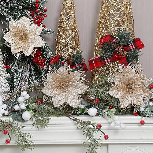 Miniatura 6 de 12 flores de Pascua artificiales de Navidad de 5.9 pulgadas, decoraciones de Navidad de champán para árbol de Navidad, adornos con purpurina para