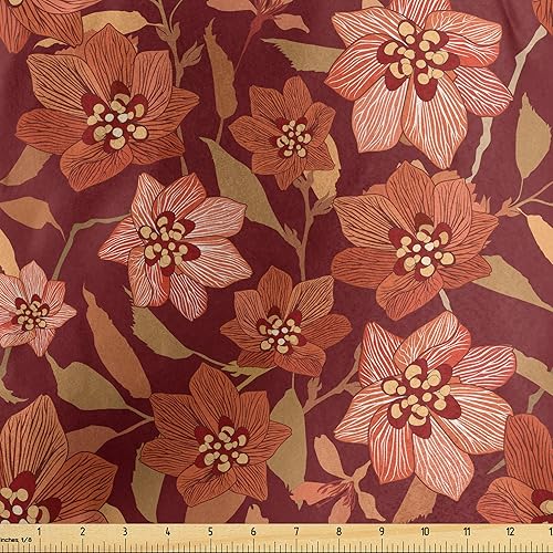Ambesonne Vintage Fabric by The Yard, Nostalgic Pattern of Spring Flowers and Leaves, Decorative Satin Fabric for Home Textiles and Crafts, 1 Yards,