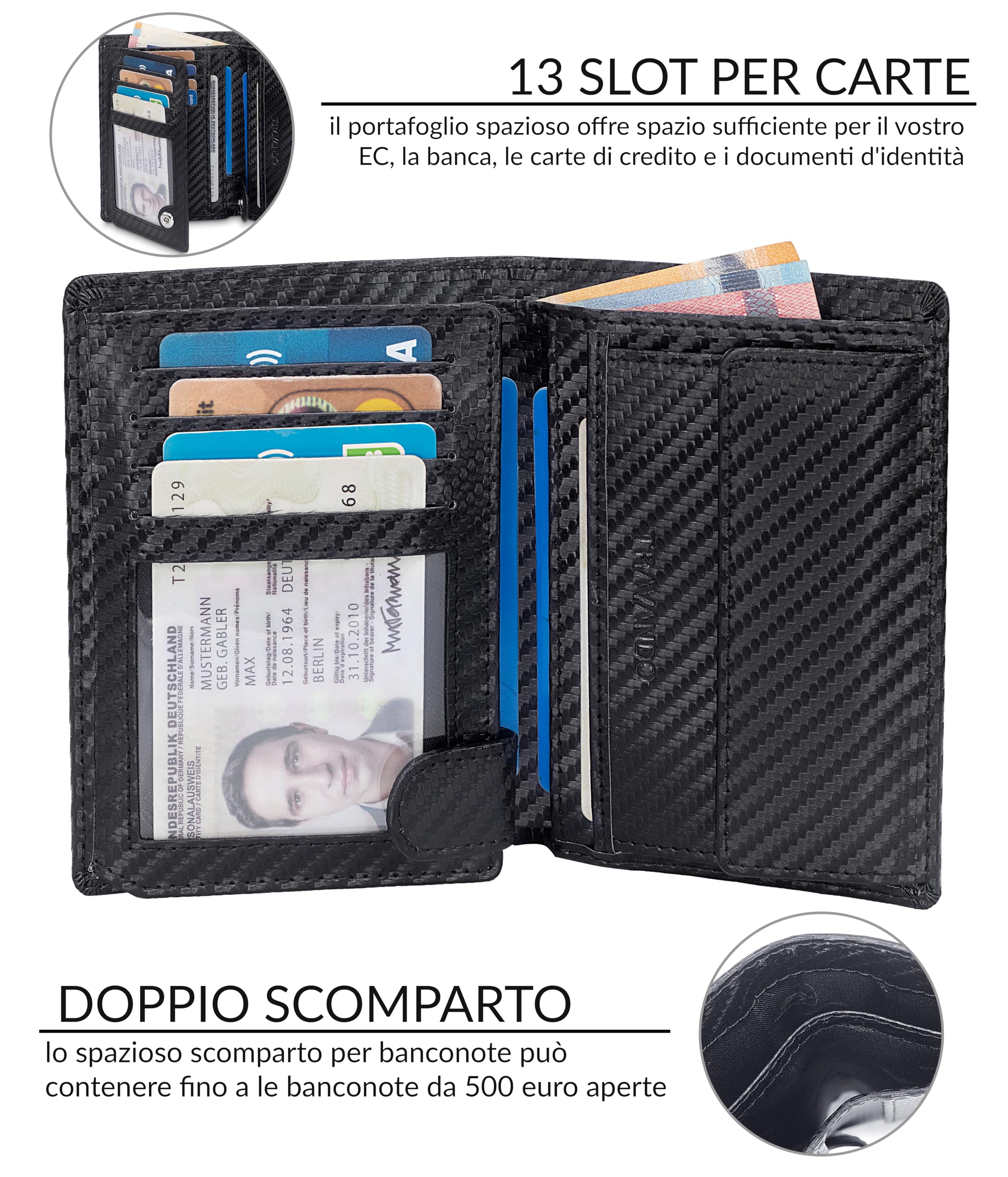 TRAVANDO Portafoglio Uomo Roma con protezione RFID - Porta Carte di Credito con Portamonete in formato Verticale (Carbon)