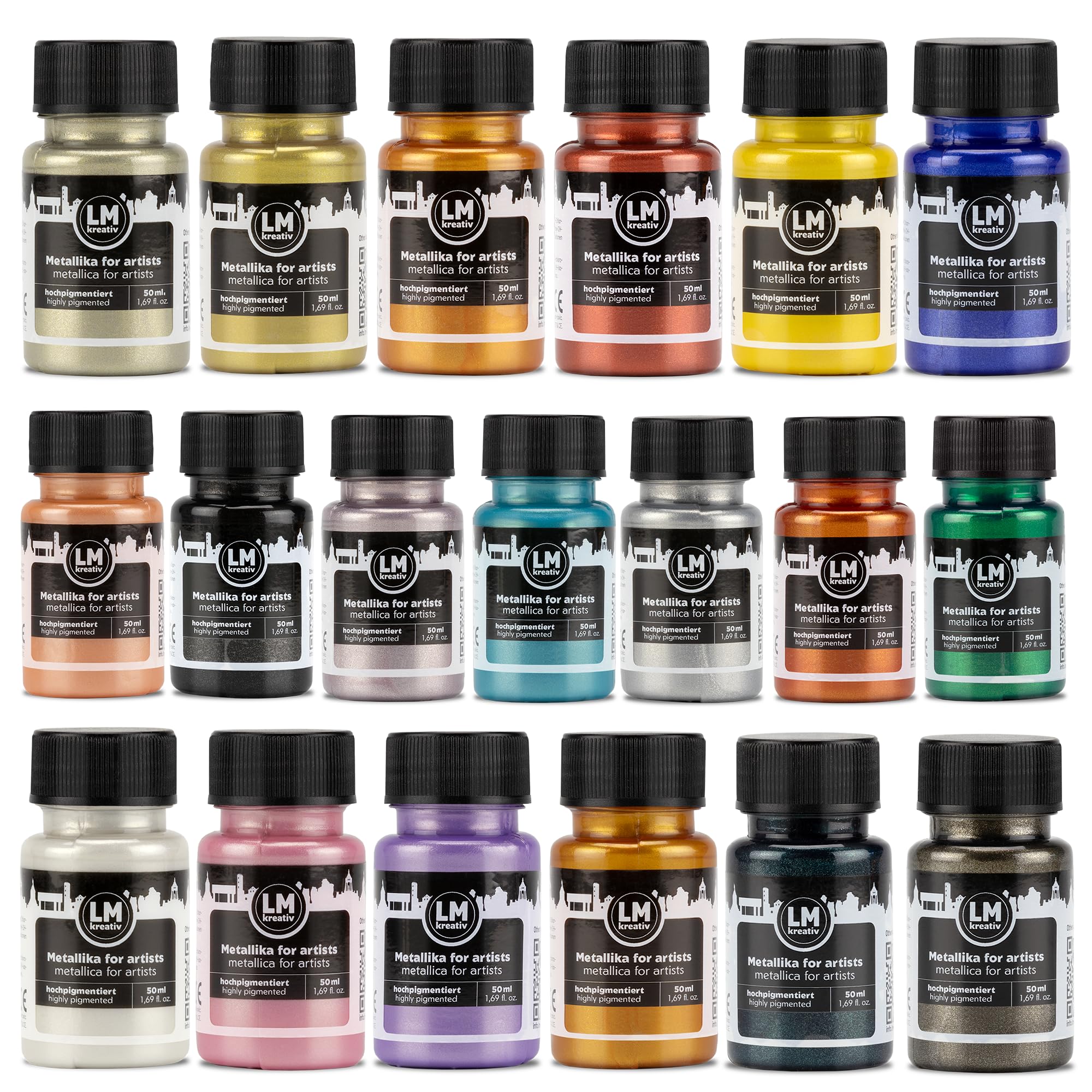 LM-Kreativ Metallika for Artists Color Fusion Lot de 19 peintures acryliques métallisées 19 x 50 ml pour projets créatifs sur bois, toile, céramique Très couvrante, résistante à la lumière. Pour