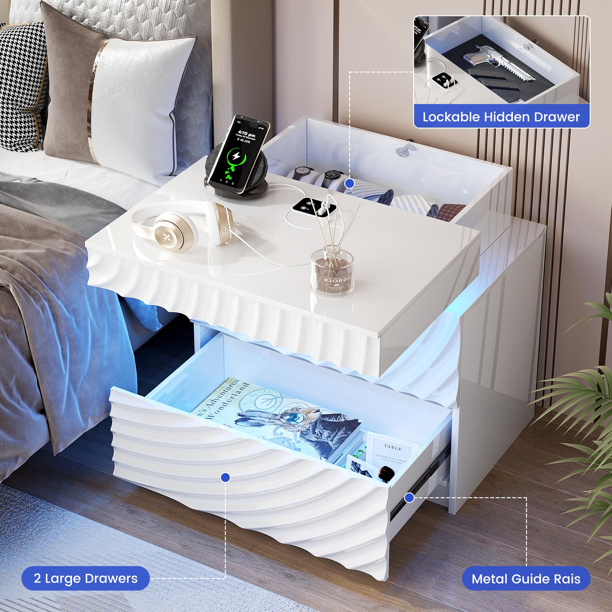 FREDEES Comodino con funzione di ricarica e illuminazione a LED | 3 cassetti, sensore di movimento, USB e tipo C, spazio nascosto per camera da letto, bianco