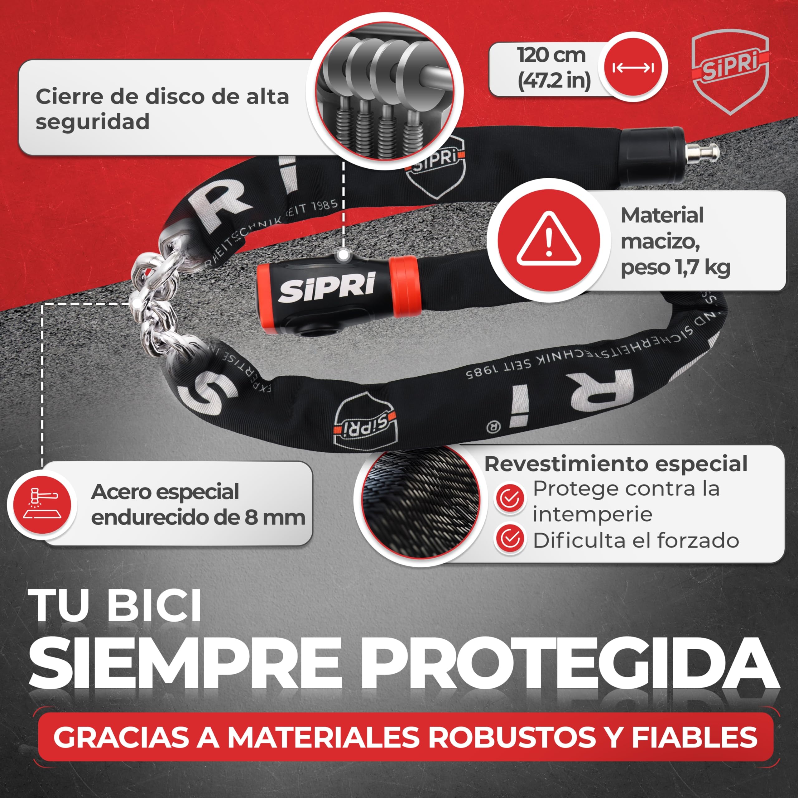 Candado para bicicleta SIPRI® con alarma de 120 dB | Candado de cadena para bicicleta con alta seguridad para E-Bike, E-Scooter y motocicleta | 8 mm de acero, resistente a la intemperie, robusto y