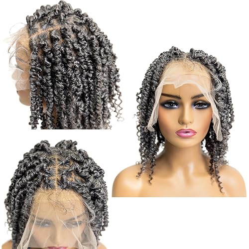 PIB 12'' Single Full Lace Wig Spring Twist Square Parted Knotless Braided Wigs for Black Women Synthetic Lace with Natural Baby Hair (#44 Charcoal Gray, 12")