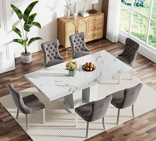 Miniatura 2 de Henf Juego de mesa de comedor extensible de 7 piezas para 6, 63"-79" juego de mesa de cocina extensible con veta de mármol blanco con 6 sillas Negro