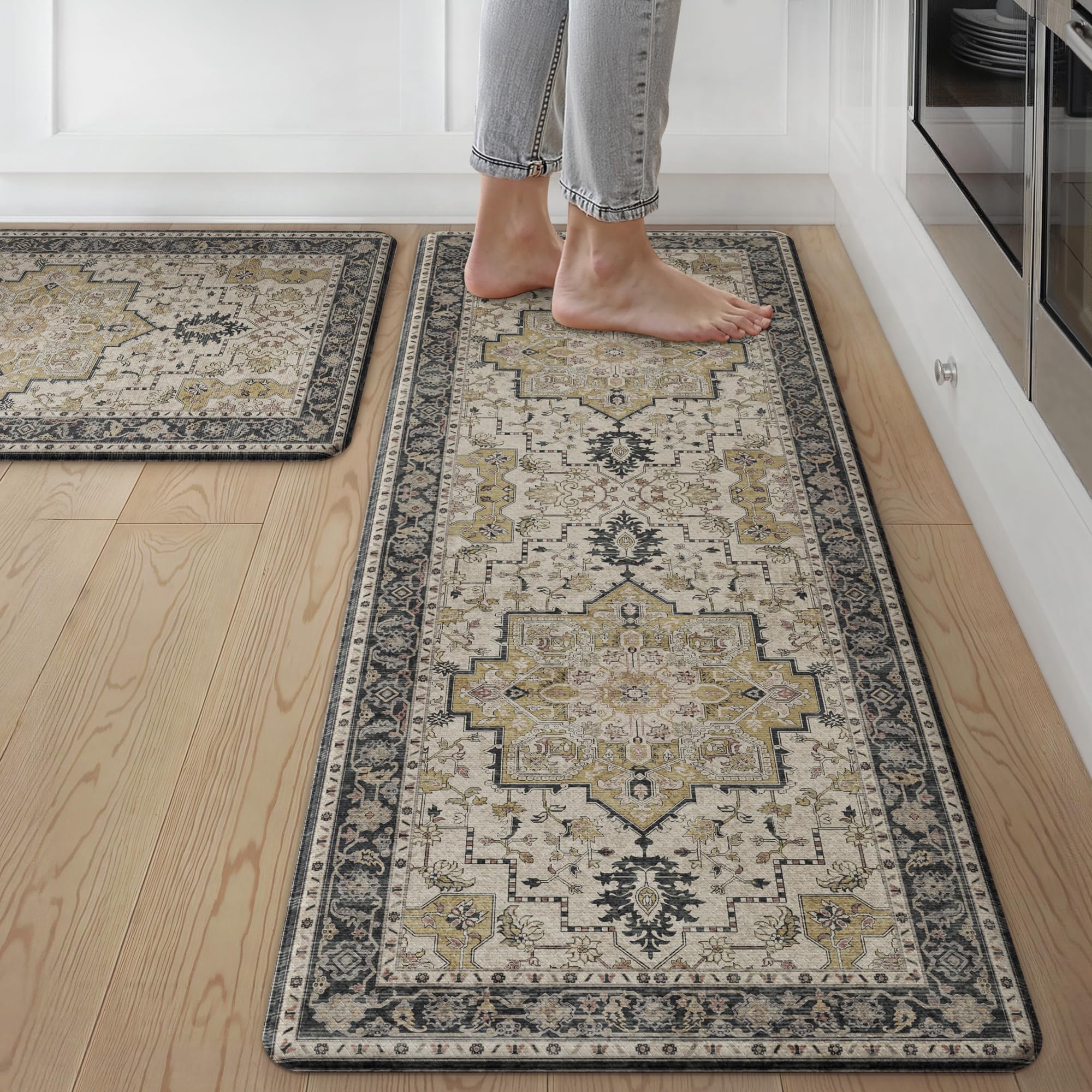GENIMO Anti Fatigue Kitchen Mats for Floor 2PCS, Standing Rugs,Gold Black
