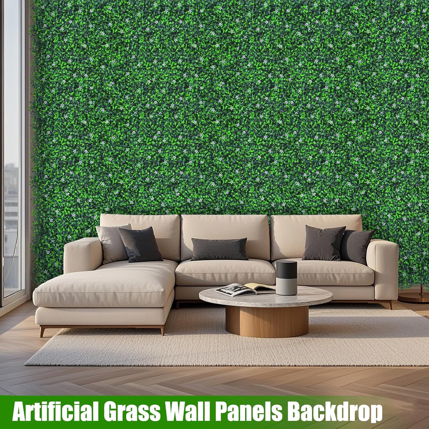 EverNture 48"x120"(40 SQFT) Grass Wall Panels, Artificial Grass Backdrop, Fake Greenery Plant Boxwood Roll with Flower, Green Wall Decor for Outdoor Indoor Patio Garden Backyard