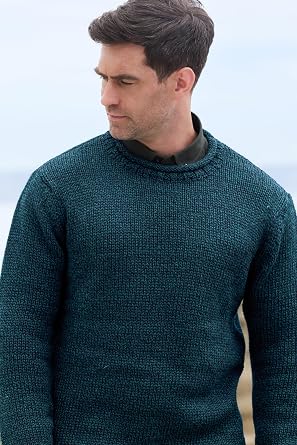Aran Crafts Irish Men's Plain Knit Curl Neck Wool Sweater (CR5142)