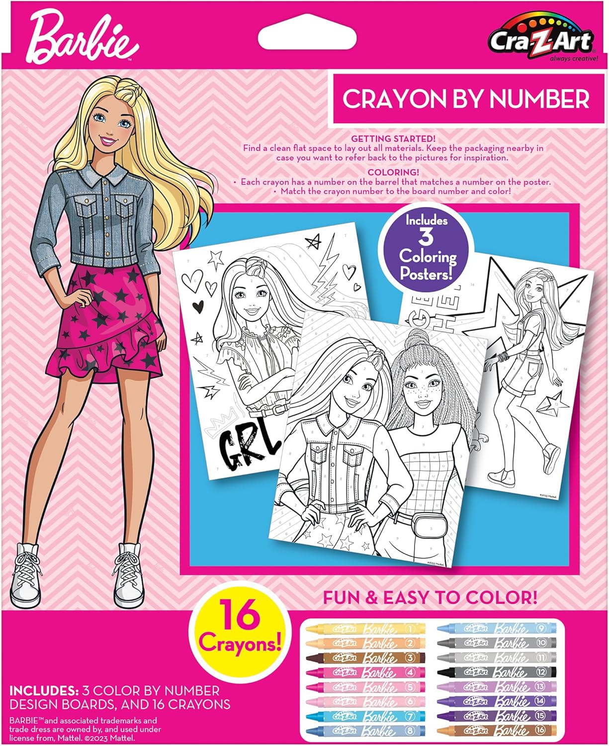 CRA-Z-Art Barbie Crayon by Number Set, 3 Coloring Posters, 16 Crayons, 8x10 inches, Ages 4+