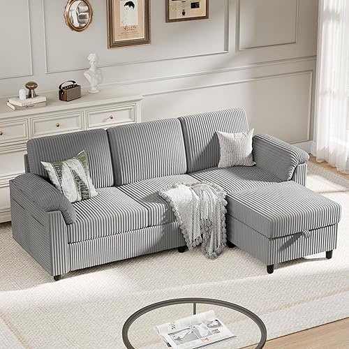 Sectional Sofa Couch for Living Room, 79" Sectional Couches with Storage Ottoman, L Shaped Couch with Sloping Armrests, 3-Seat Sofa Couches for Small Space, Light Grey | Breathable Material