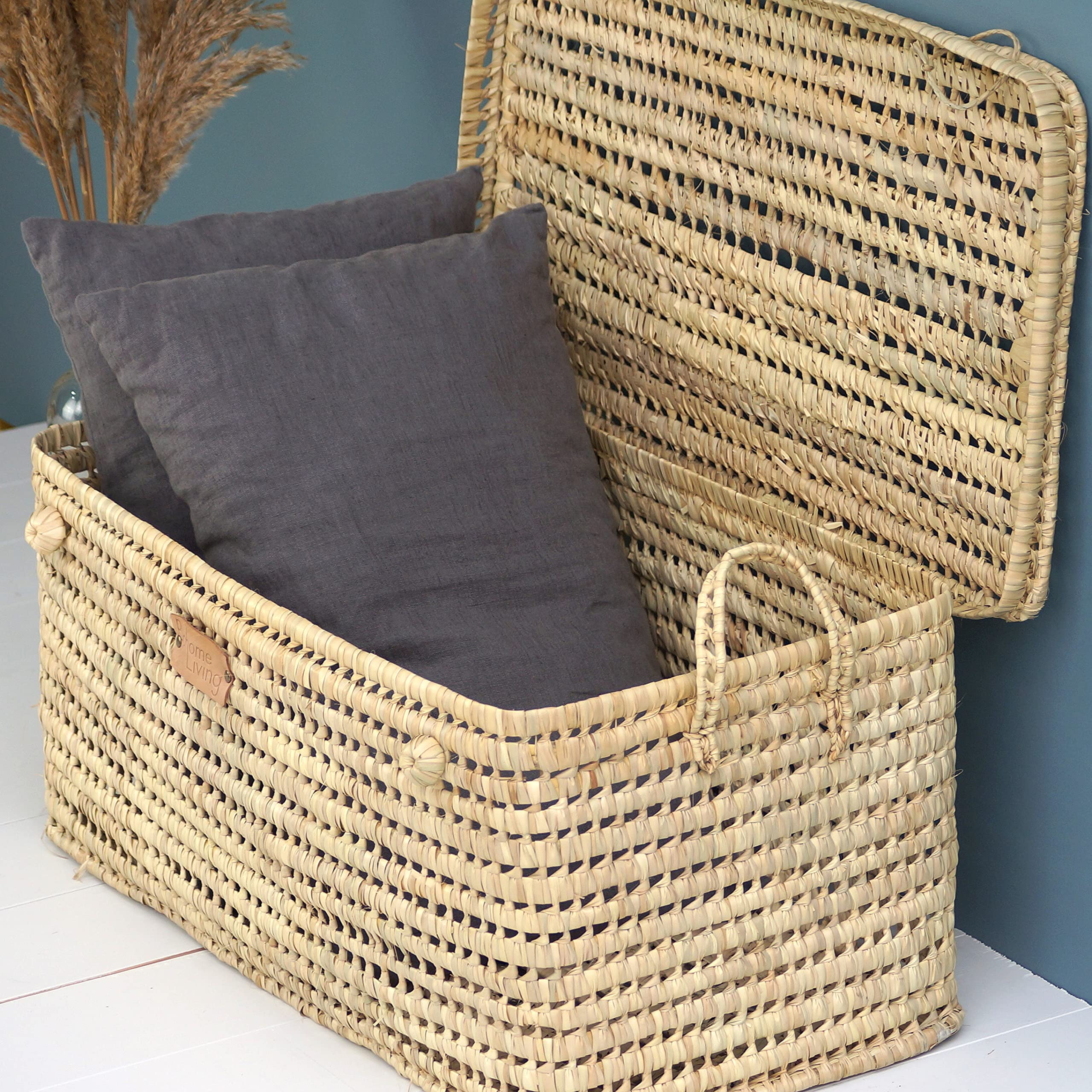 Baule Contenitore in Vimini Intrecciato, Cesto Portaoggetti, Portabiancheria, Decorazione Boho Chic (80cm)