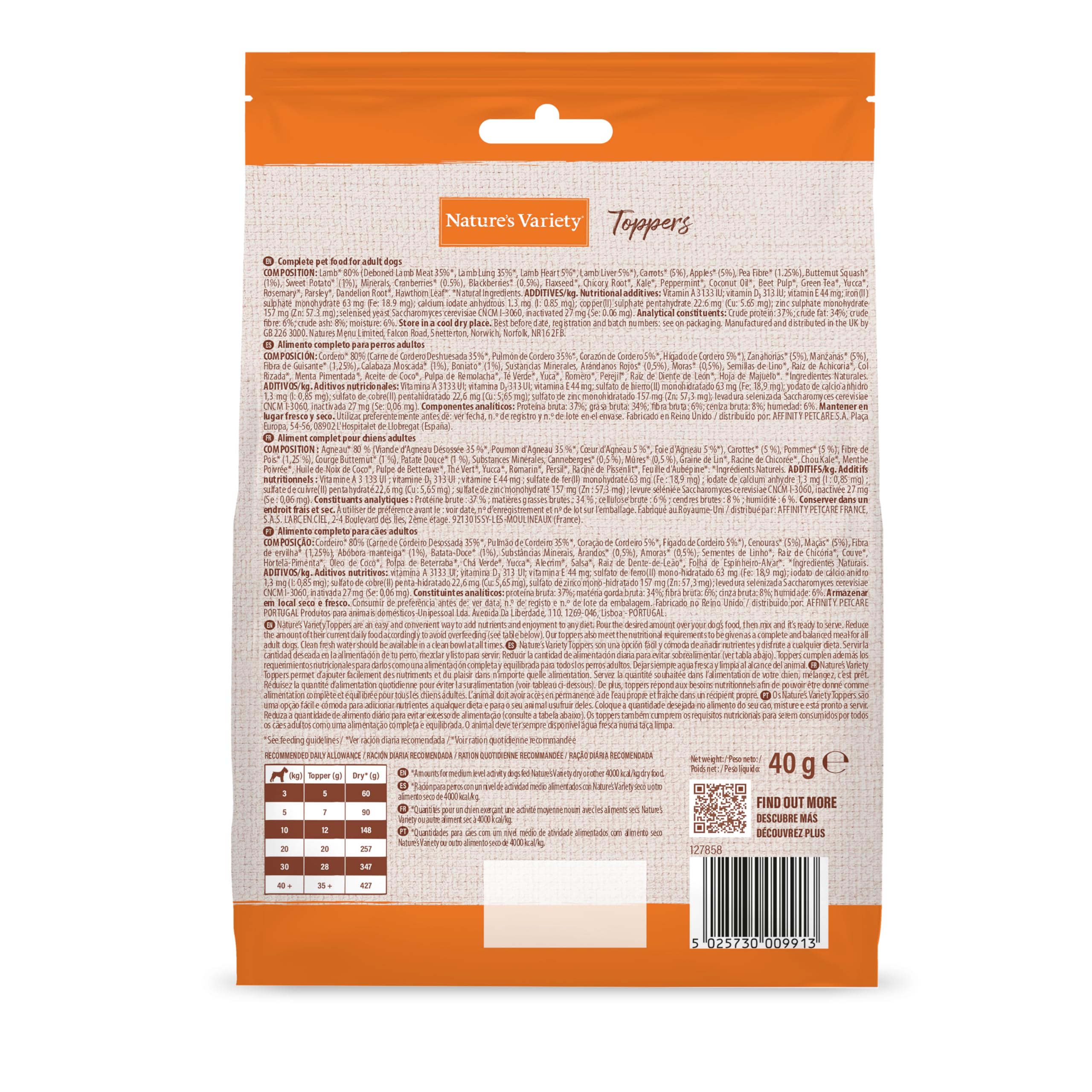 Nature's Variety Freeze Dried Gefriergetrocknete Lammtoppers für Hunde, Box mit 7 x 40 g