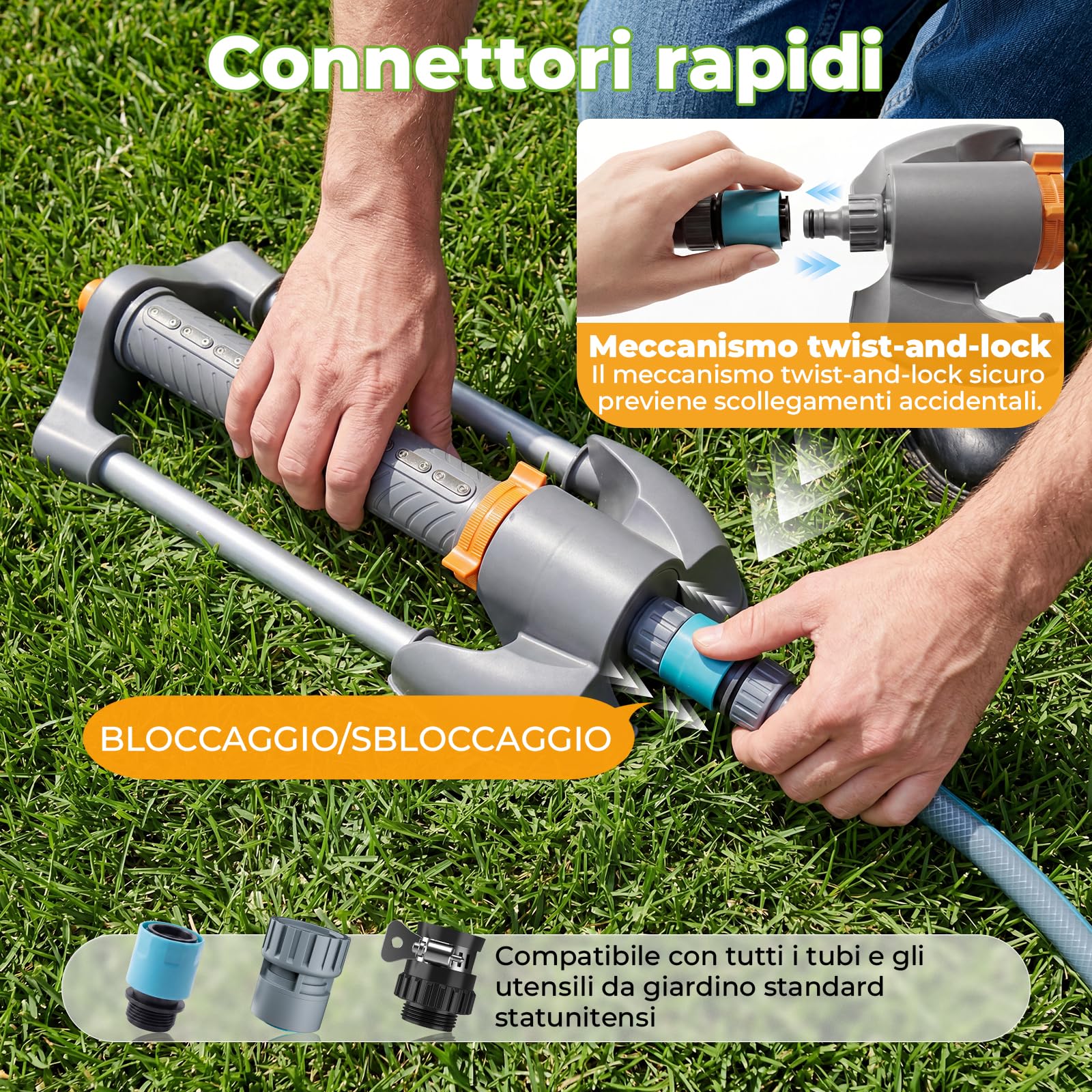 Timer Irrigazione Oscillante 10m Tubo Acqua 3 in 1 Kit | Display LCD IP55 20 Ugelli Quick Connect Raccordo Ottone Portata 300m, Aspersori per Prato e Giardino Piante e Verdure