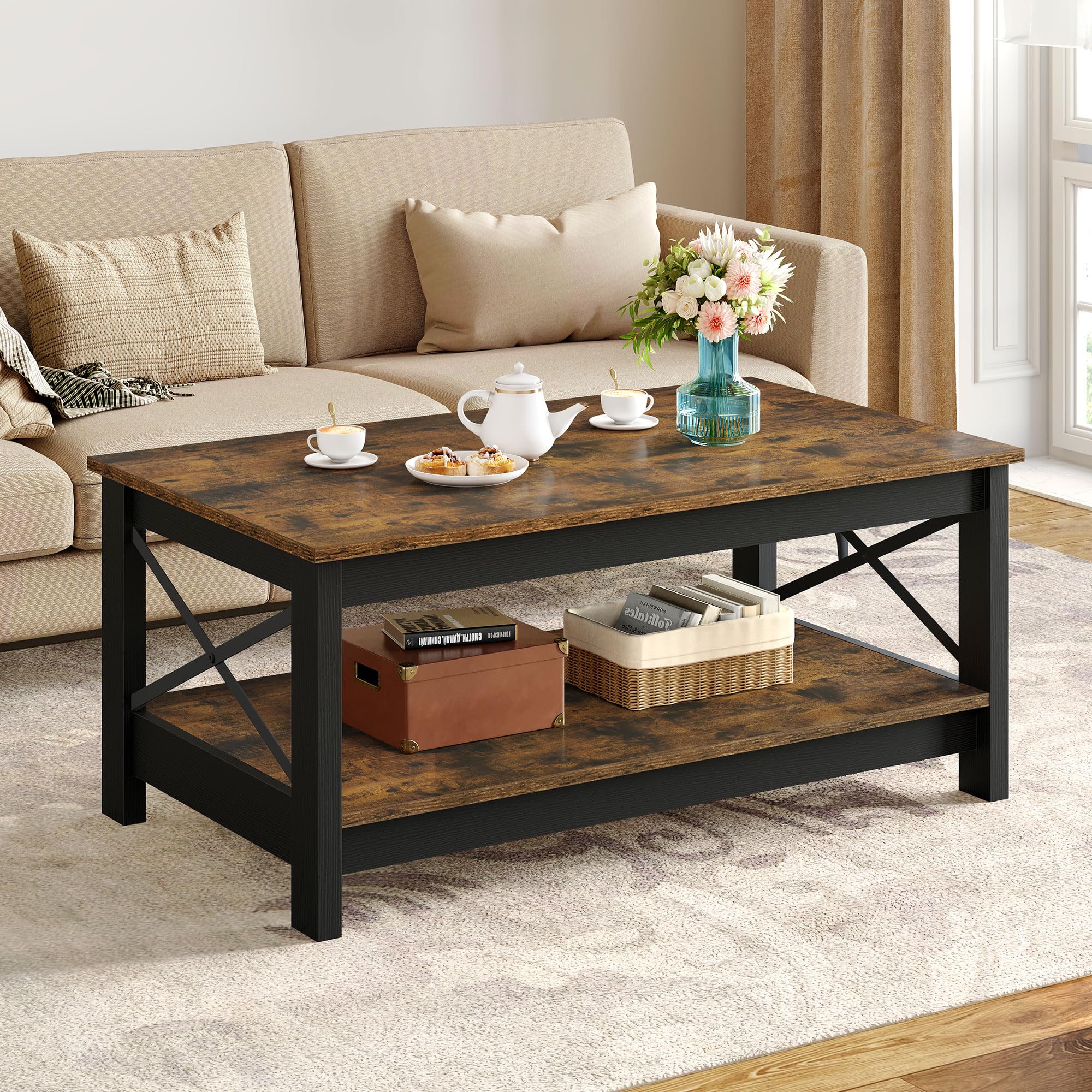 YITAHOME Coffee Tables for Living Room, Farmhouse Wood Coffee Table with Storage, 2-Tier Center Table for Living Room Accent Cocktail Center Tables with Sturdy Frame,Rustic Brown