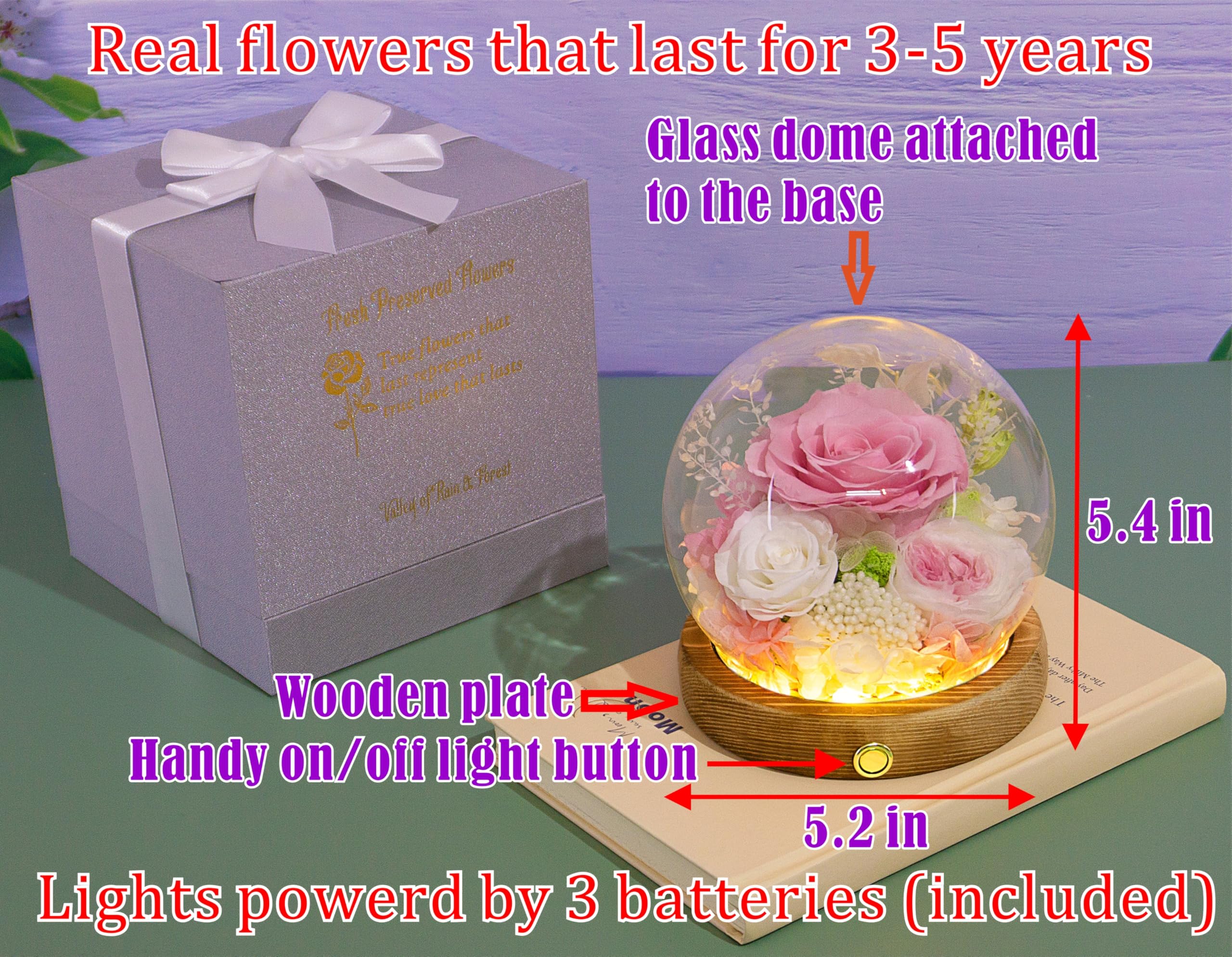 Valley of Rain & Forest Long-Lasting Real Flowers, Unique Floral Gift for You to Send Love for All Occasions, for Indoor Decoration (Pink Rose, White Rose) - 3