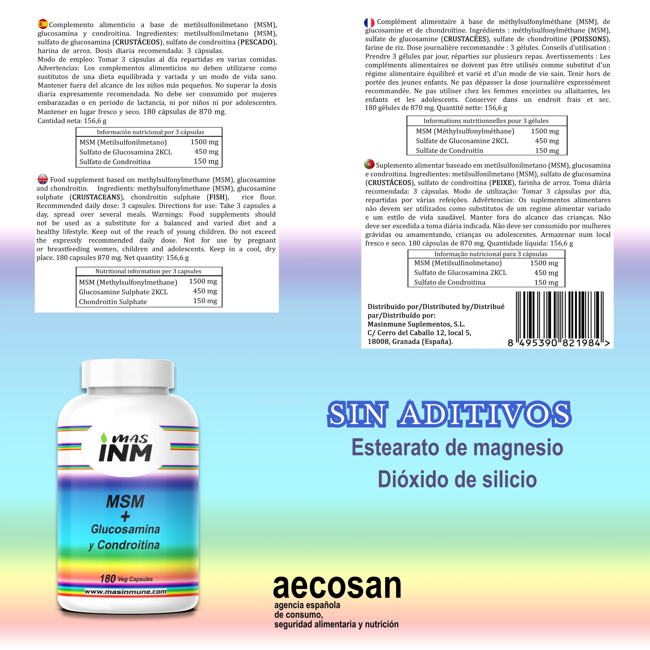 MSM con Glucosamina y Condroitina – Antiinflamatorio Natural que Reduce el Dolor – Para Articulaciones – Fortalece Cartílagos y Huesos – Sin Aditivos -180 Cápsulas – Alta Dosis 2100 mg - Masinmune