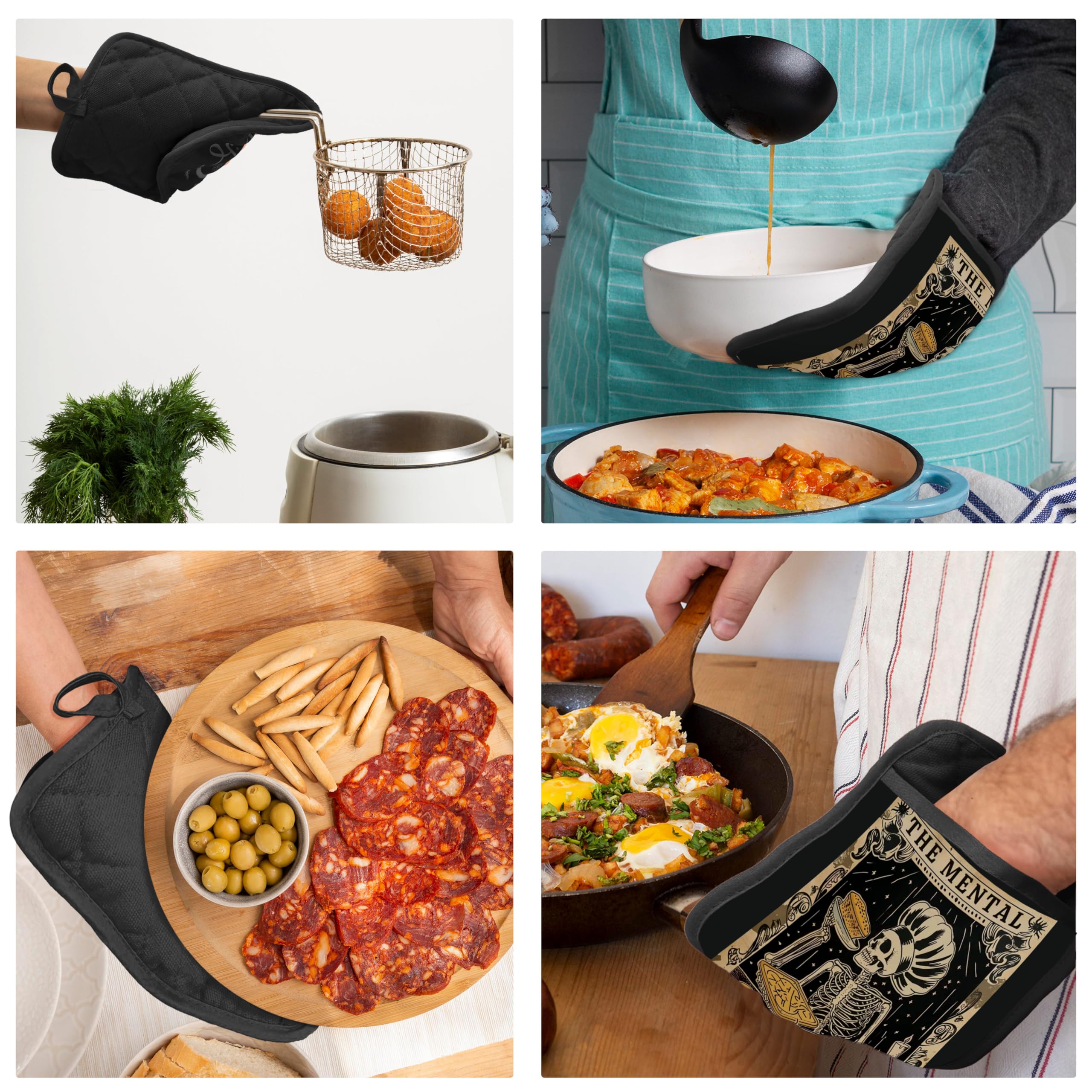 Topflappen im Gothic-Skelett-Stil mit Taschen, lustige Backgeschenke, Topflappen, hitzebeständige Ofenhandschuhe, heiße Pads für Küche, Backen, Kochen, 406 Topflappen