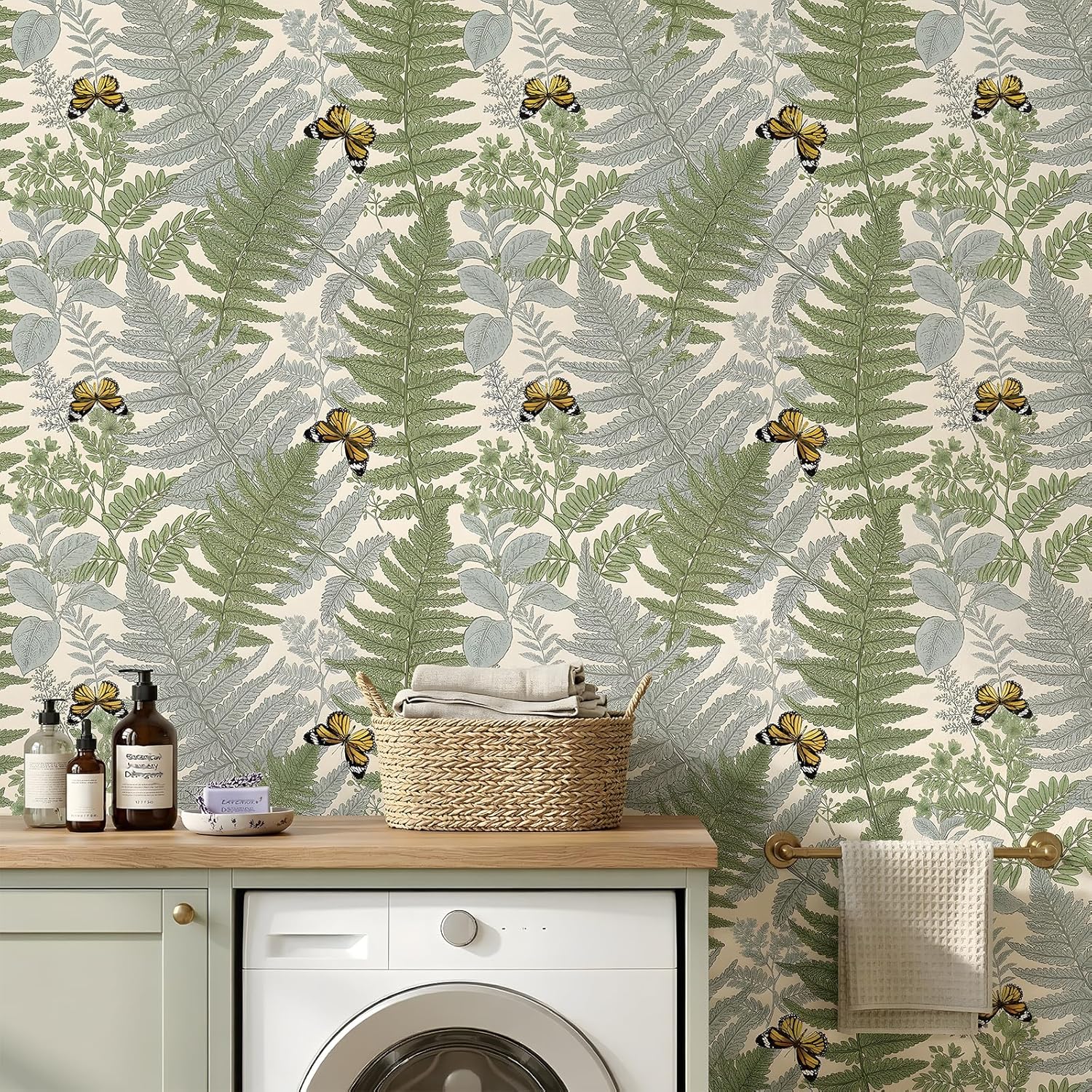 ReWallpaper Butterfly Wallpaper Peel and Stick Vintage Fern Botanical Wallpaper Removable Soft Sage Green and Cream Decor for Bedroom Nursery Guest Room Entryway Powder Room Accent Wall 17.5in X 23ft