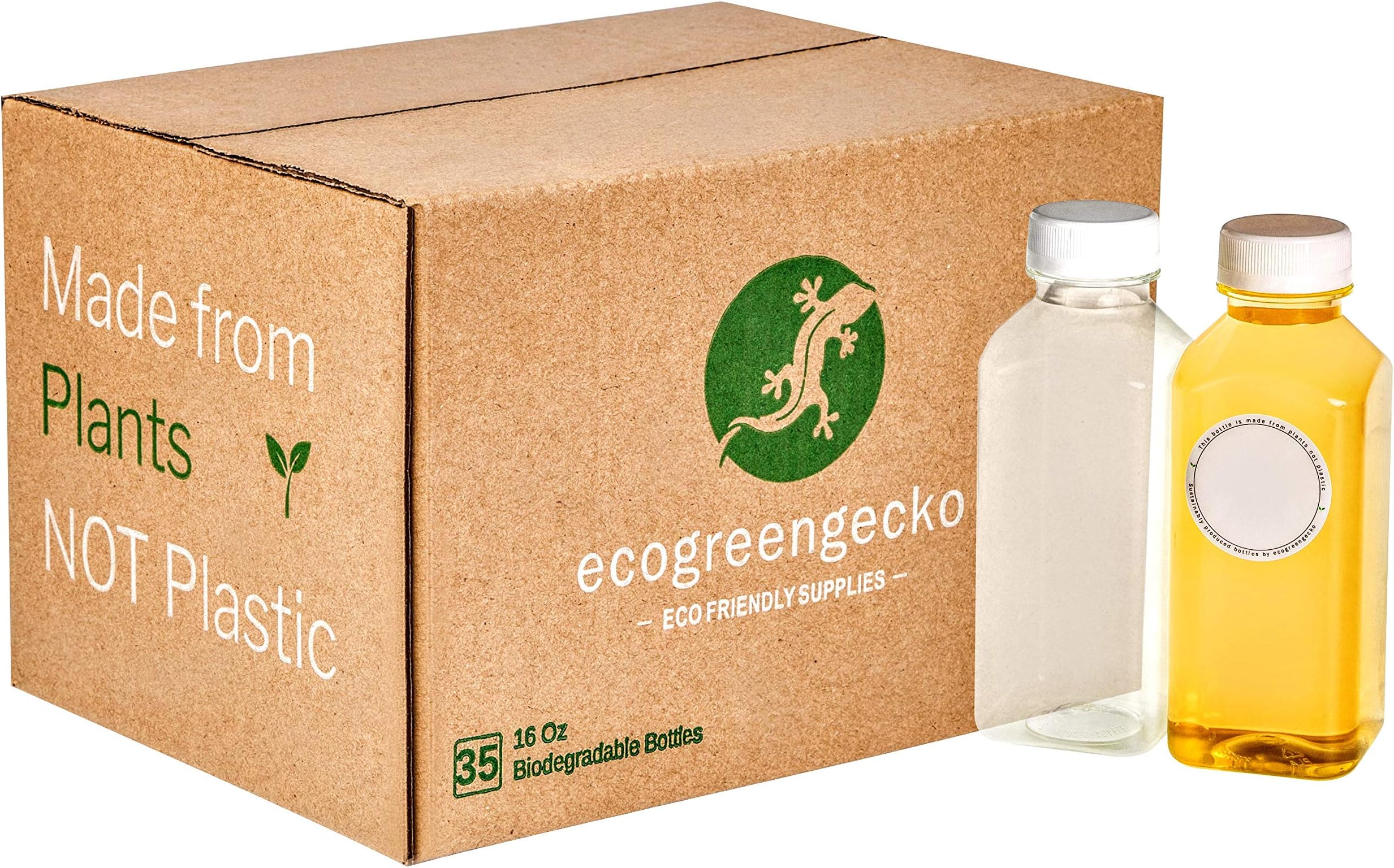 16 Oz Empty COMPOSTABLE Non Plastic Clear Juice Bottles 35 Bulk Pack - Reusable with Lids & Labels. Eco-Friendly, Biodegradable, Plant Based Alternative. Perfect for Drinks, Water, Smoothies, Juicing