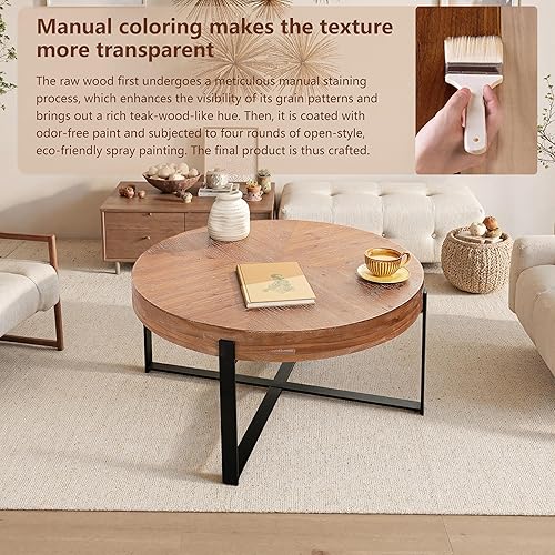 Miniatura 4 de Mesa de centro redonda de empalme retro moderna de 33.86 pulgadas, mesa de madera de abeto con base de patas cruzadas negras Negro (33.86")x,dorado