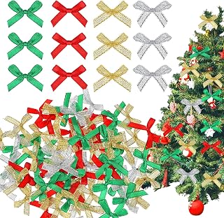 200 Pieces Christmas Tiny Bows Mini Christmas Bows Satin Ribbon Bows Mini Craft Ribbon Wreaths Bows for Sewing DIY Craft Wedding Decoration (Red, Green, Silver)