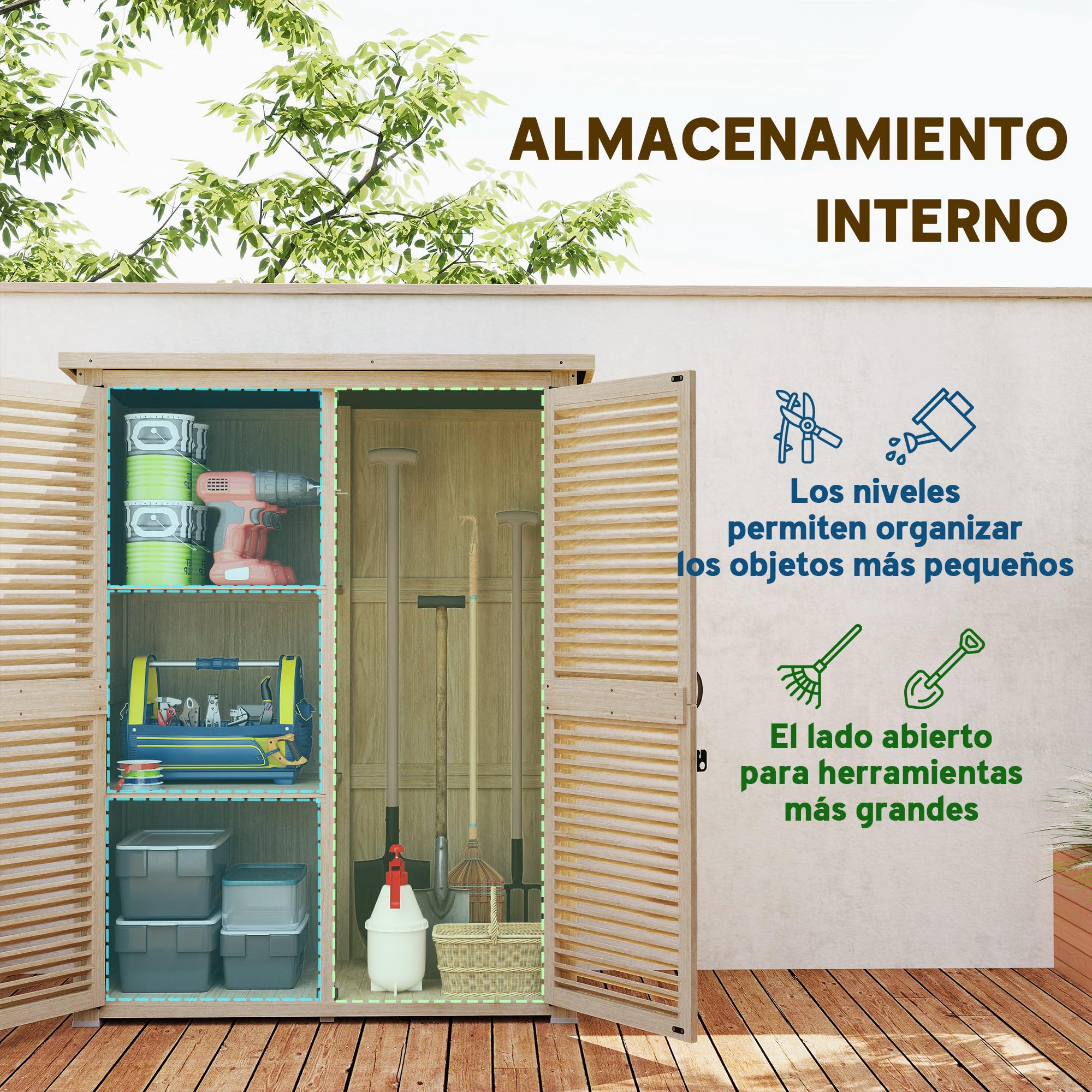 Outsunny Caseta de Jardín de Madera, 127x65x168 cm, Cobertizo Jardín Exterior, Armario para Almacenaje Herramientas, con 2 Puertas de Persiana 2 Estantes Techo Impermeable para Patio Terraza, Natural