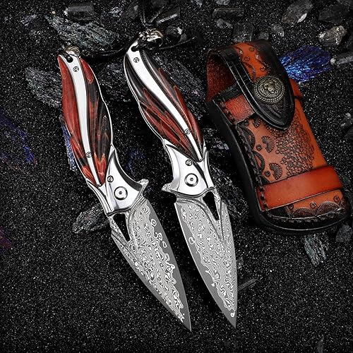 Miniatura 3 de ALVELY Handmade Japanese VG10 Damascus steel Folding Pocket KnifeWith leather caseLiner Lock3.1in high hardness bladeWooden Handlemen's folding