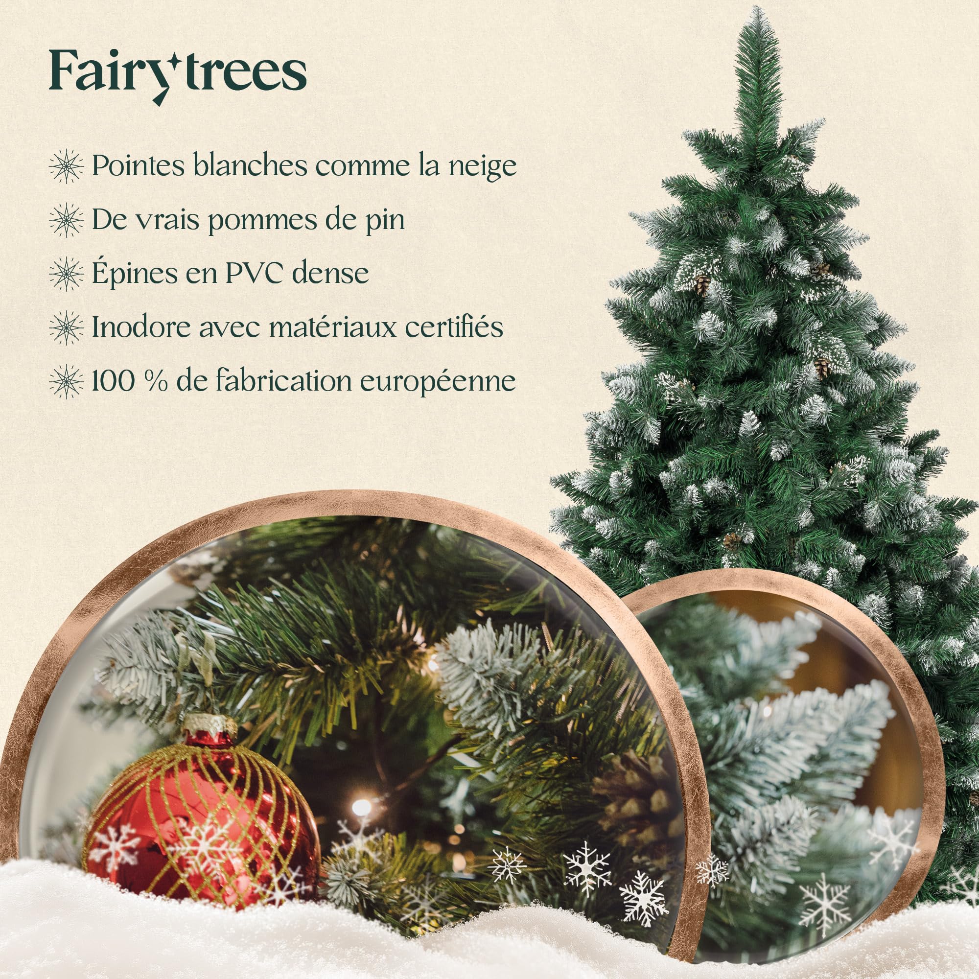 FairyTrees Sapin de Noël Artificiel 180cm | Arbre de Noël avec Support en Bois | PIN ENNEIGÉ Blanc Naturel | Made in EU